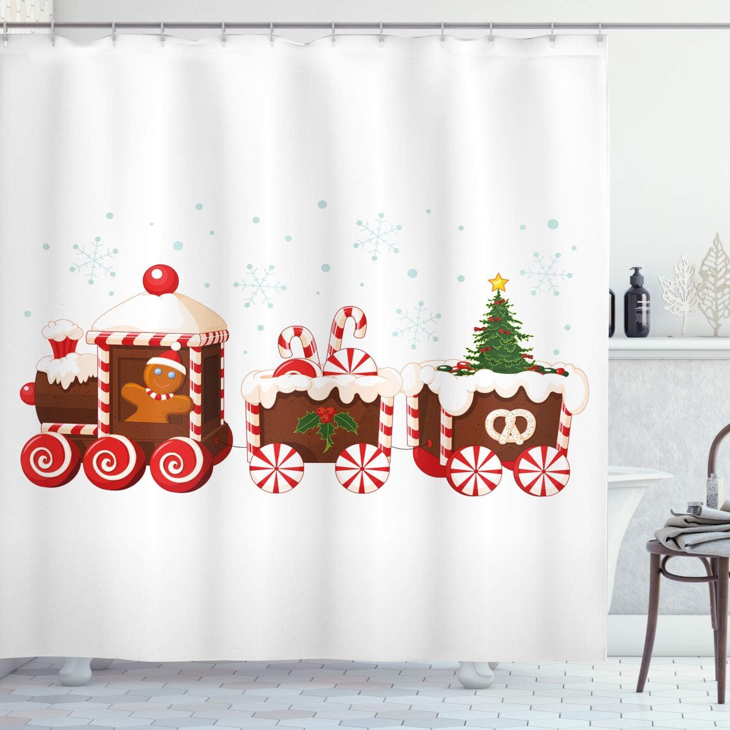 imageAmbesonne Christmas Shower Curtain Nautical Elements Sea Life Theme with Noel Tree Winter Season Cloth Fabric Bathroom Decor Set with Hooks 69quot W x 70quot L Beige CreamRed Brown