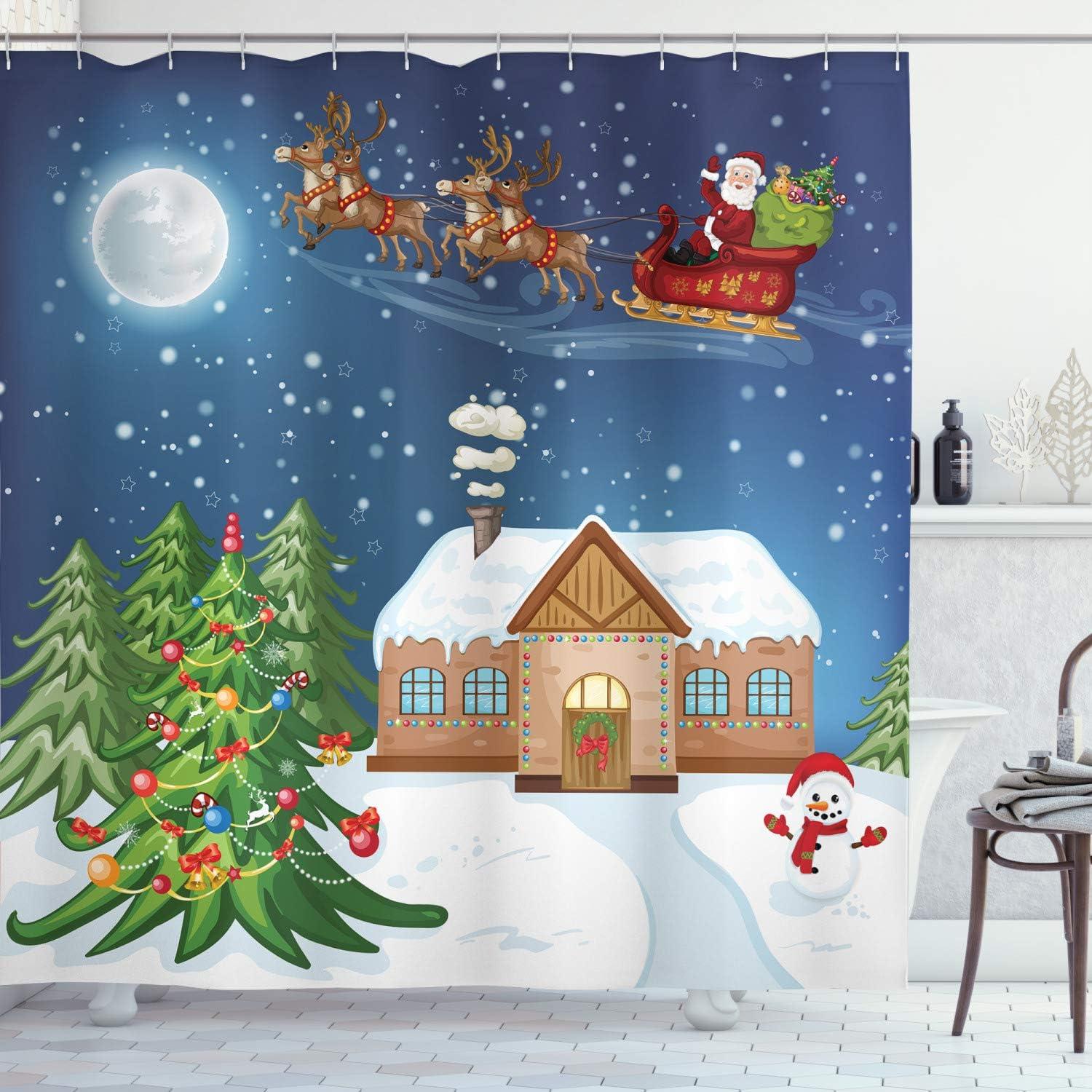 imageAmbesonne Christmas Shower Curtain Nautical Elements Sea Life Theme with Noel Tree Winter Season Cloth Fabric Bathroom Decor Set with Hooks 69quot W x 70quot L Beige CreamSlate Blue