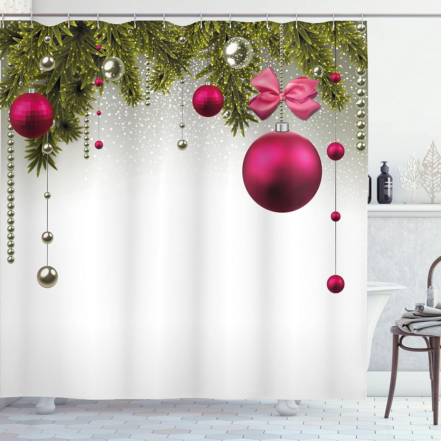 imageAmbesonne Christmas Shower Curtain Nautical Elements Sea Life Theme with Noel Tree Winter Season Cloth Fabric Bathroom Decor Set with Hooks 69quot W x 70quot L Beige CreamMagenta Olive Green Grey