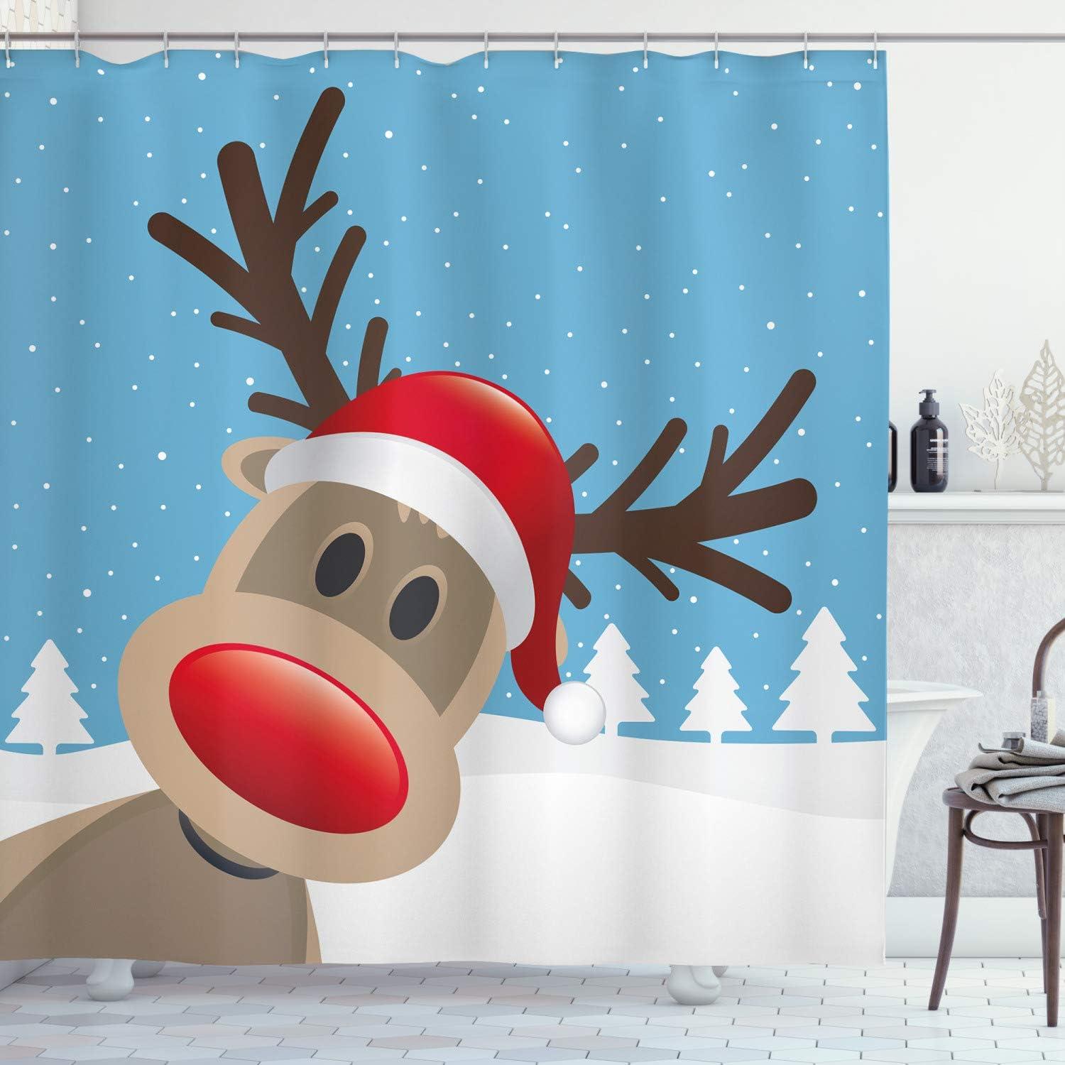 imageAmbesonne Christmas Shower Curtain Nautical Elements Sea Life Theme with Noel Tree Winter Season Cloth Fabric Bathroom Decor Set with Hooks 69quot W x 70quot L Beige CreamBrown Blue