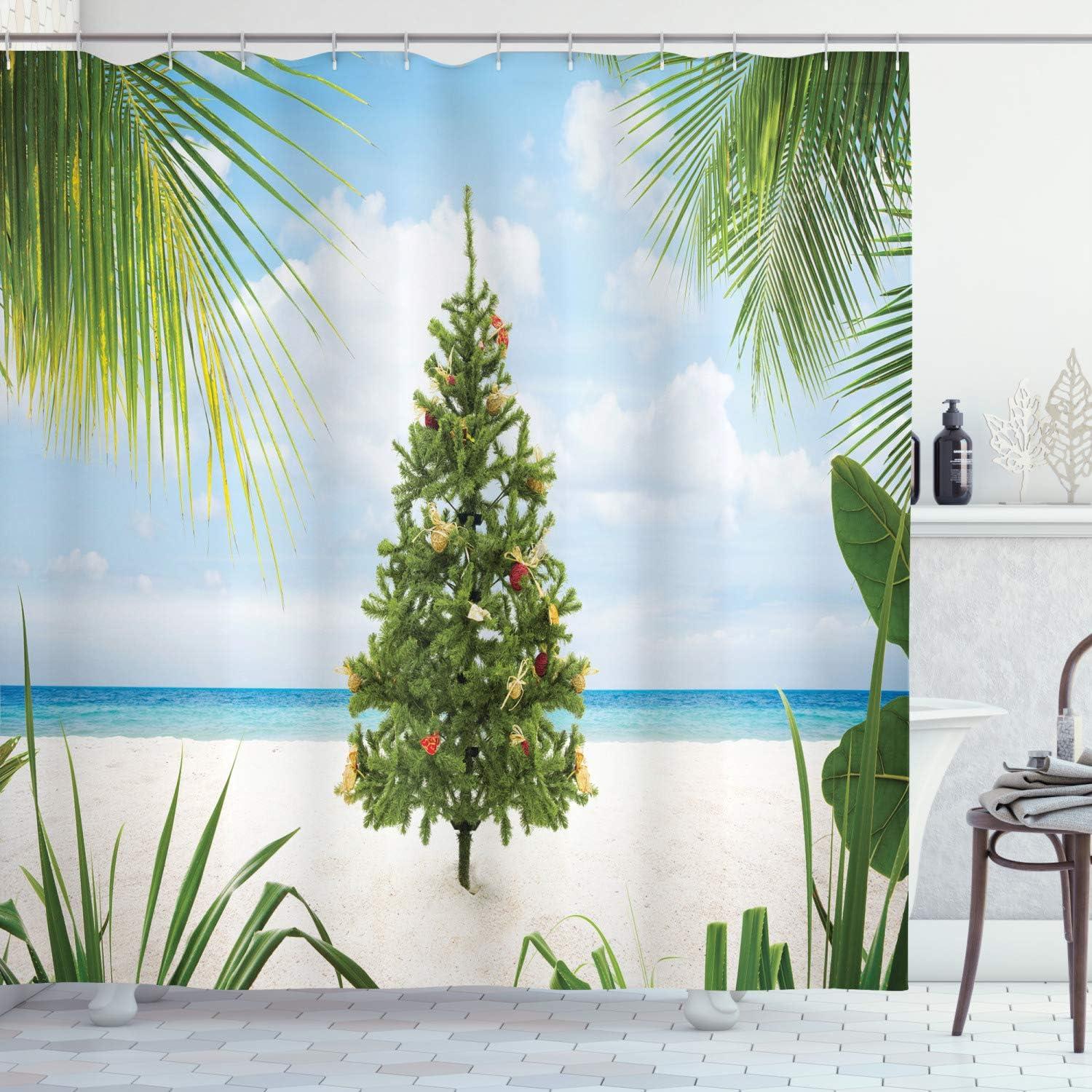 imageAmbesonne Christmas Shower Curtain Nautical Elements Sea Life Theme with Noel Tree Winter Season Cloth Fabric Bathroom Decor Set with Hooks 69quot W x 70quot L Beige CreamGreen Blue Cream