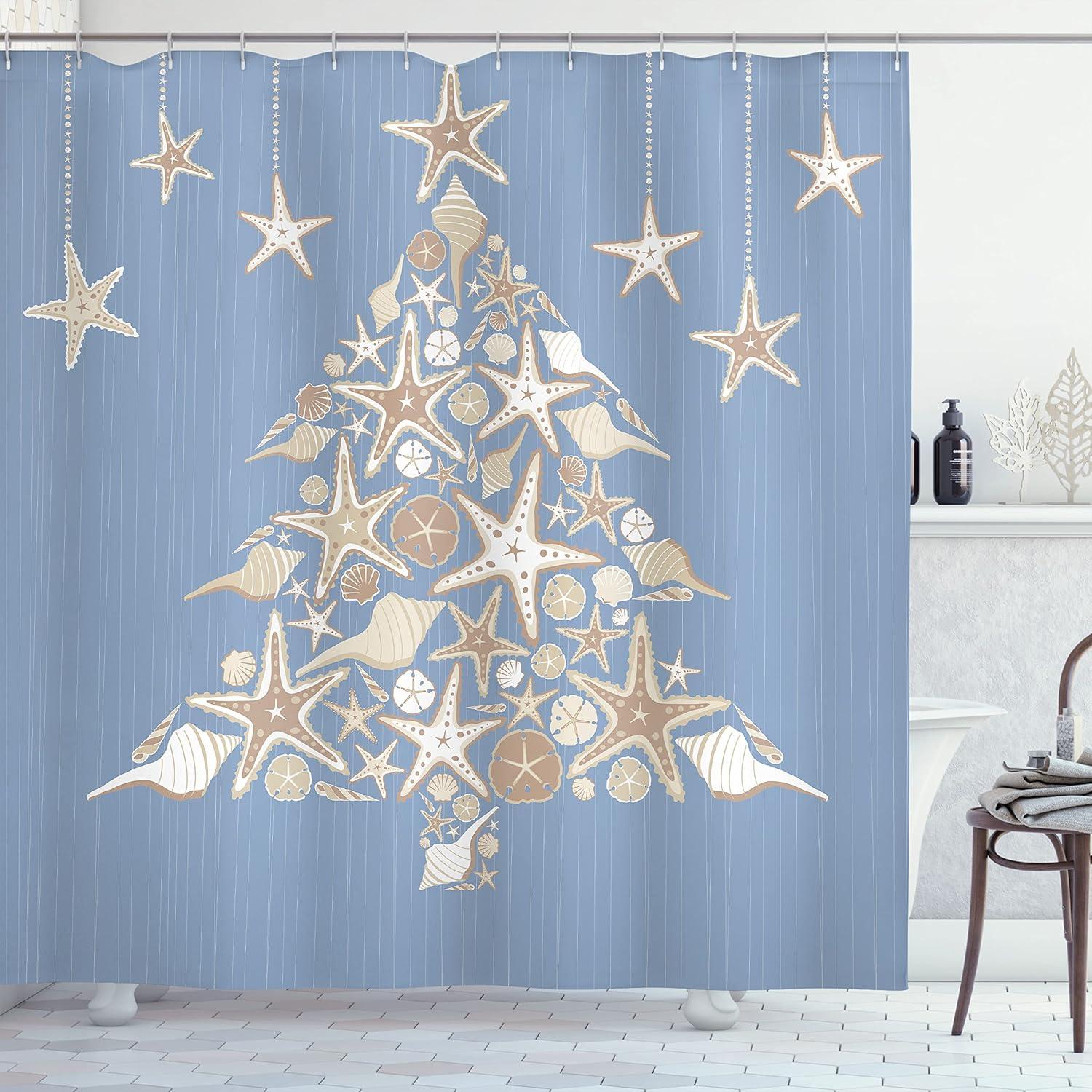 imageAmbesonne Christmas Shower Curtain Nautical Elements Sea Life Theme with Noel Tree Winter Season Cloth Fabric Bathroom Decor Set with Hooks 69quot W x 70quot L Beige CreamBeige Cream