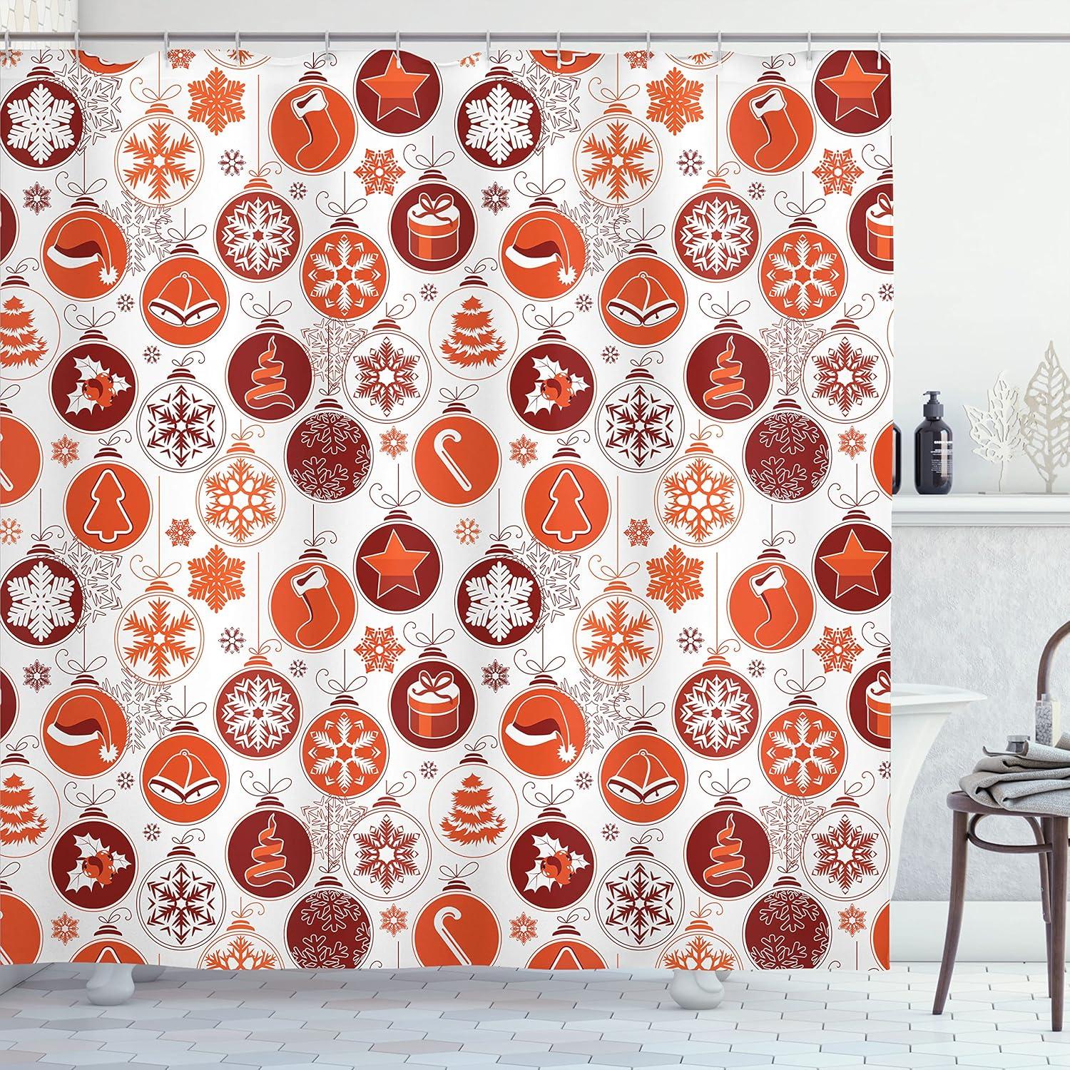imageAmbesonne Christmas Shower Curtain Traditional Celebration Theme Pendant Stars Baubles Ornate Snowflakes Cloth Fabric Bathroom Decor Set with Hooks 69quot W x 70quot L Grey Red WhiteWhite Vermilion