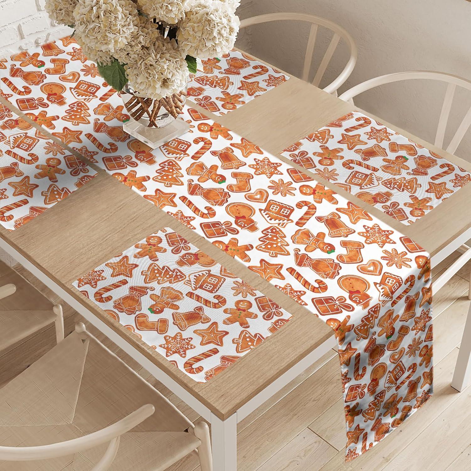 imageAmbesonne Christmas Table Runner Placemats Gingerbread Man House Cones Xmas Cookie Celebration Theme Set for Dining Table Decor Placemat 4 pcs Runner 16quotx72quot Brown White