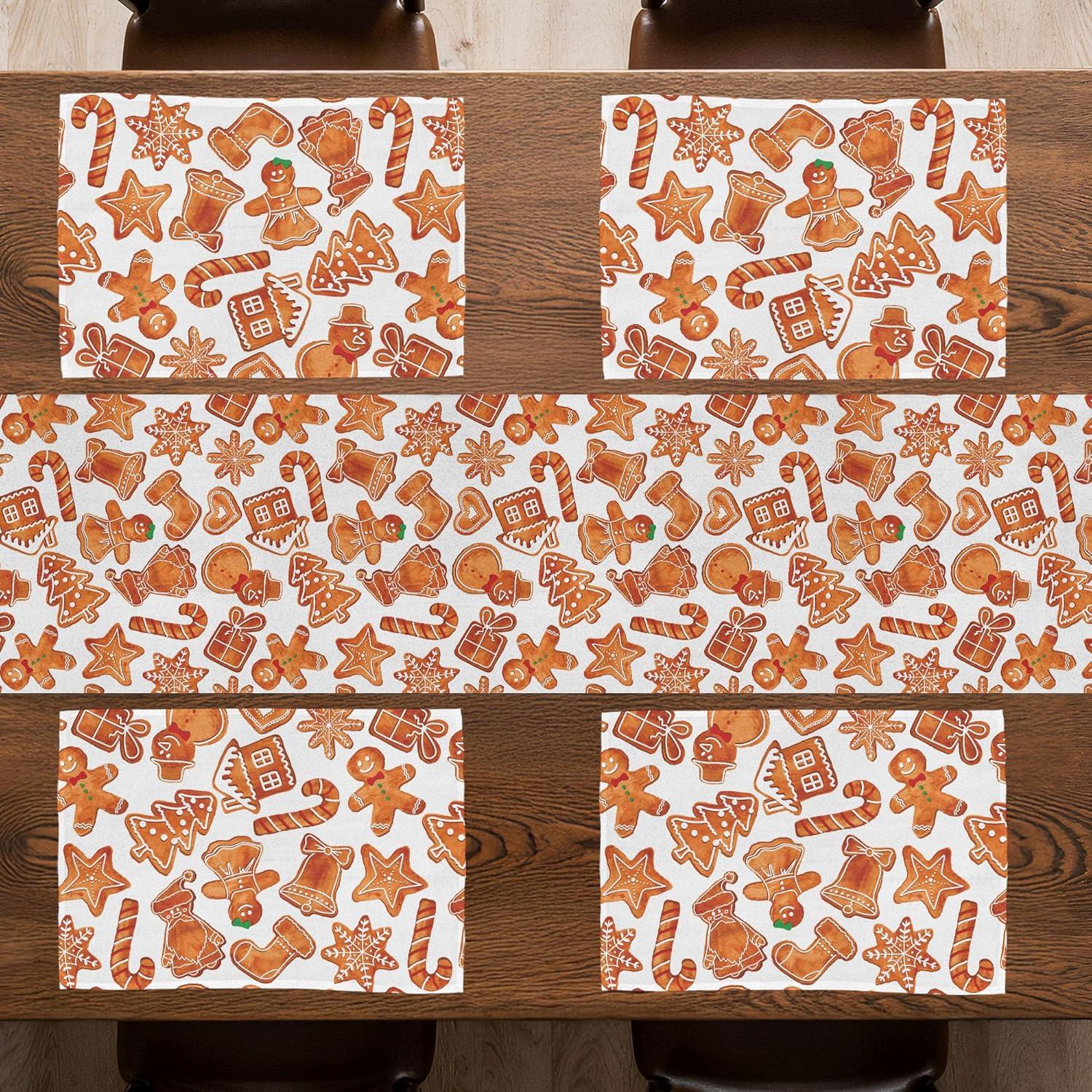 imageAmbesonne Christmas Table Runner Placemats Gingerbread Man House Cones Xmas Cookie Celebration Theme Set for Dining Table Decor Placemat 4 pcs Runner 16quotx72quot Brown White