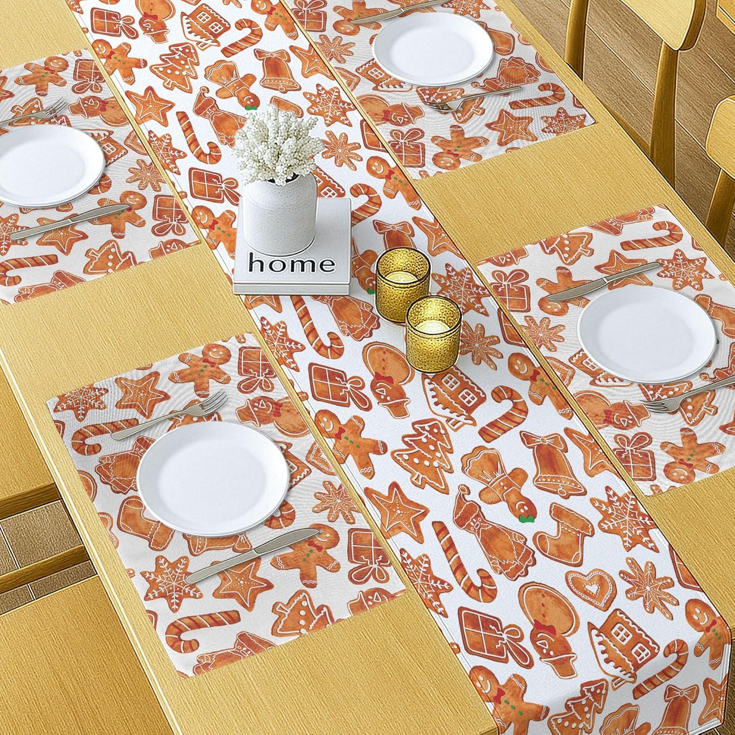 imageAmbesonne Christmas Table Runner Placemats Gingerbread Man House Cones Xmas Cookie Celebration Theme Set for Dining Table Decor Placemat 4 pcs Runner 16quotx72quot Brown White
