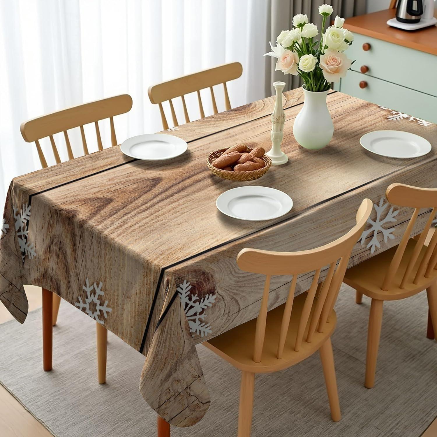 imageAmbesonne Christmas Tablecloth Rustic Wooden Planks Texture Image with Stylized Snowflakes Country Dining Room Kitchen Rectangular Table Cover 60quot X 84quot Brown and White