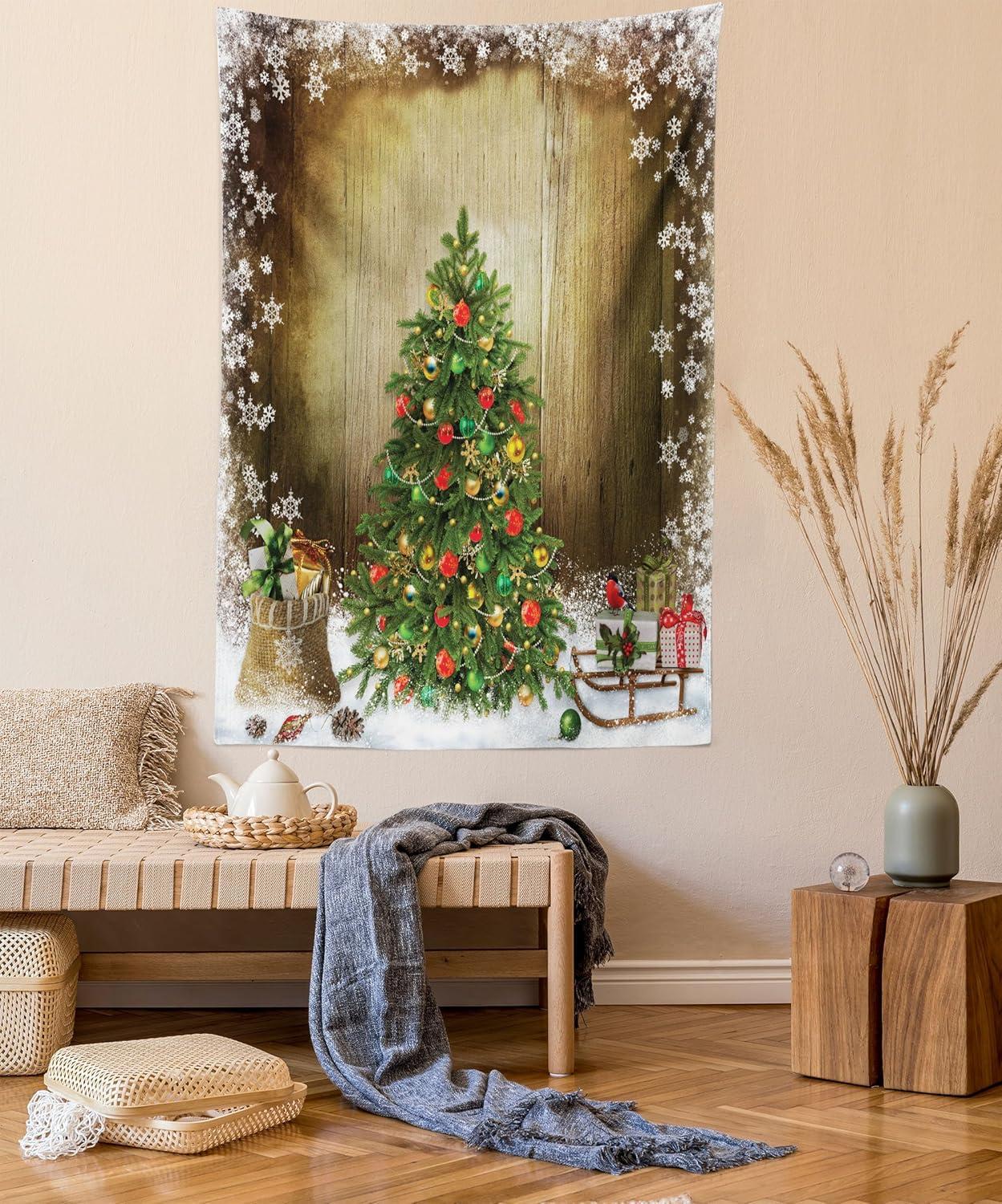 imageAmbesonne Christmas Tapestry Pine Tree with Present Boxes on Snowy Board Xmas at Countryside Theme Wall Hanging for Bedroom Living Room Dorm Decor 40quot X 60quot Green BrownMulticolor