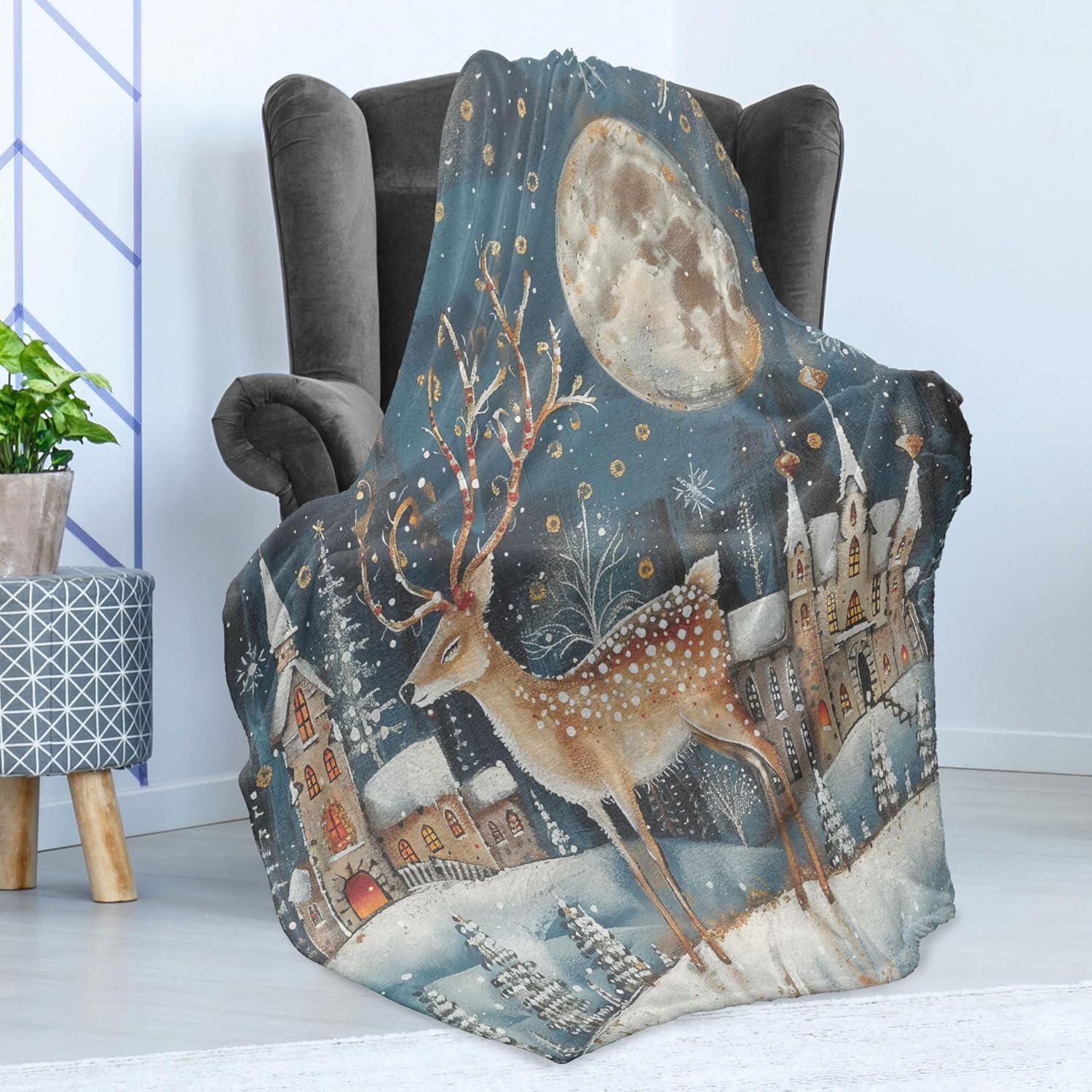 imageAmbesonne Christmas Throw Blanket Xmas Eve Starry Night in Snowy Town with Starry Sky Reindeer and Moon Flannel Fleece Accent Piece Soft Couch Cover for Adults 70quot x 90quot Cocoa Dark Slate BlueCocoa Dark Slate Blue