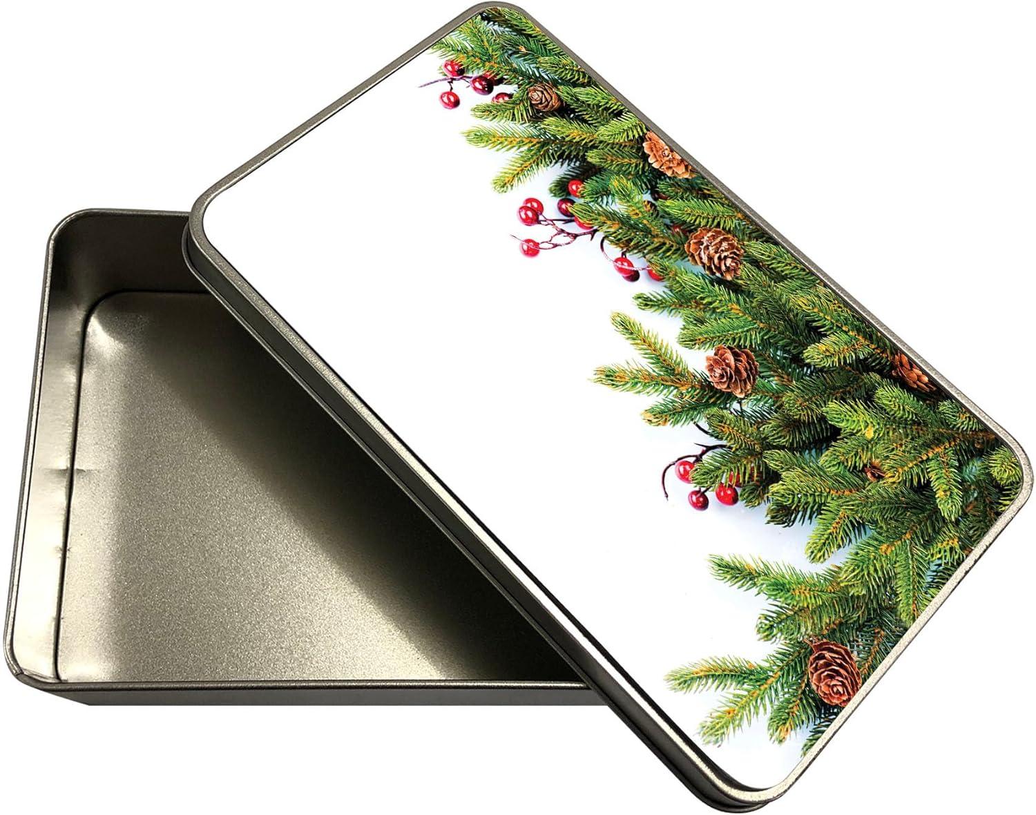 imageAmbesonne Christmas Tin Box Evergreen Fir Tree Branches with Cones Yule Celebration Holly Culture Design Portable Rectangle Metal Organizer Storage Box with Lid 72quot X 47quot X 22quot Green BrownGreen Brown