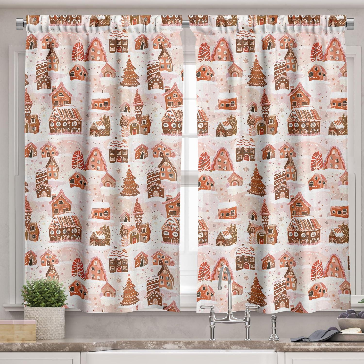 imageAmbesonne Christmas Valance and Curtain 3 pcs Set Xmas Season Theme with Ginger House and Pine Tree Cookies Illustration Window Treatments for Kitchen Room Decor 55quot x 36quot Blush Cinnamon Brown