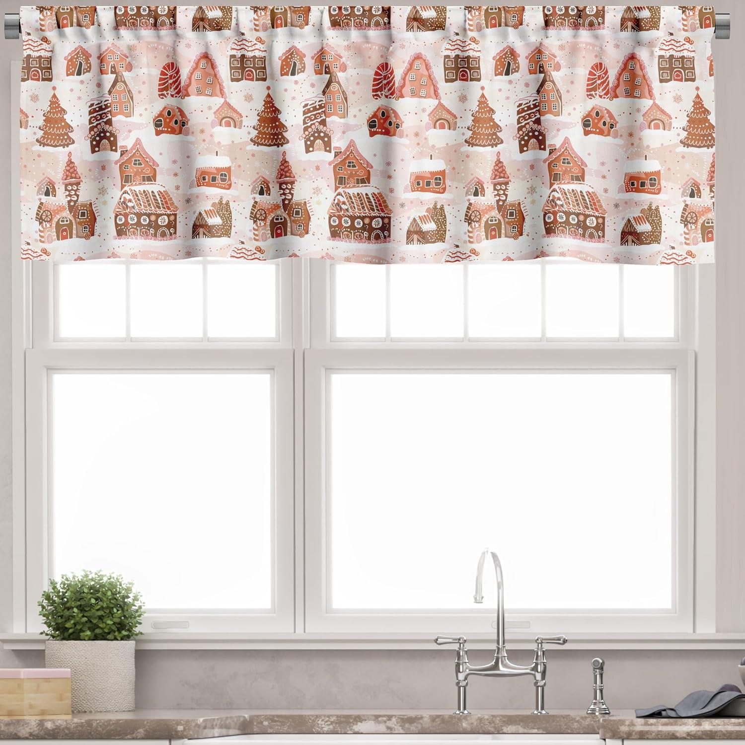 imageAmbesonne Christmas Valance and Curtain 3 pcs Set Xmas Season Theme with Ginger House and Pine Tree Cookies Illustration Window Treatments for Kitchen Room Decor 55quot x 36quot Blush Cinnamon Brown