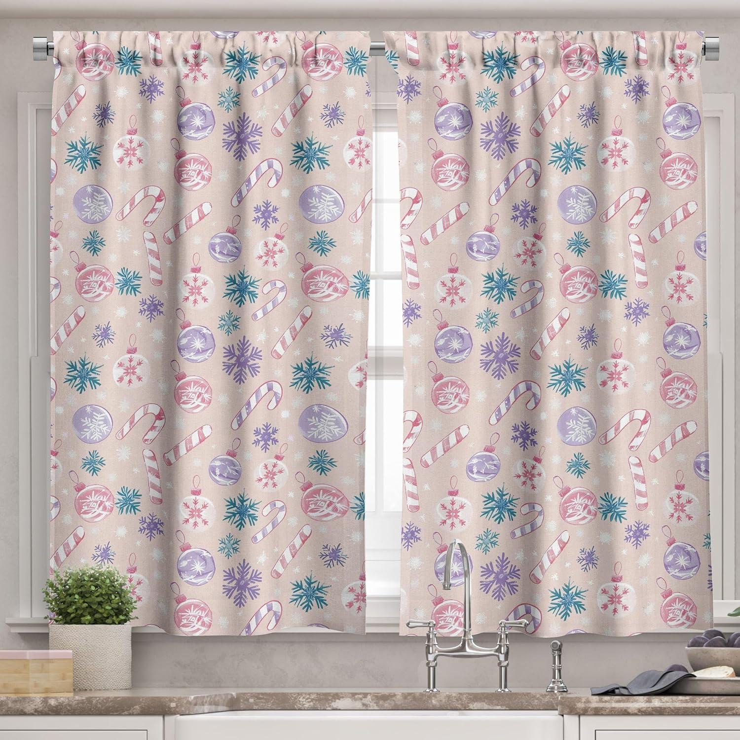 imageAmbesonne Christmas Valance and Curtain 3 pcs Set Xmas in Pastel Tones Delicate Theme with Candies and Globes Illustration Window Treatments for Kitchen Room Decor 55quot x 24quot Lavender Teal Beige