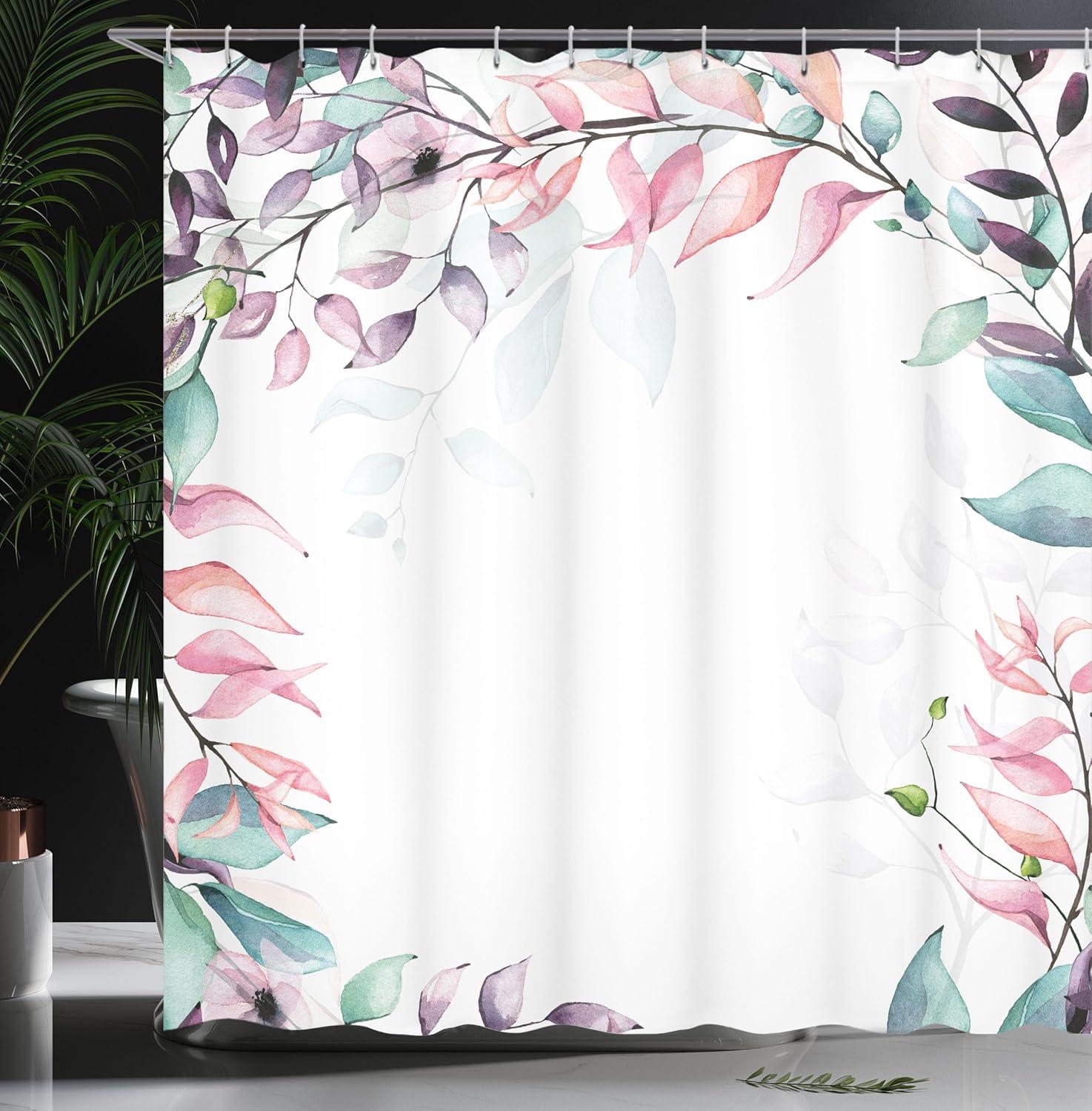 imageAmbesonne Eucalyptus Shower Curtain Soft Colors with Watercolor Leaf Print Botanical Dreamy Forest Cloth Fabric Bathroom Decor Set with Hooks 69quot W x 70quot L Plum Pale Pink and Seafoam