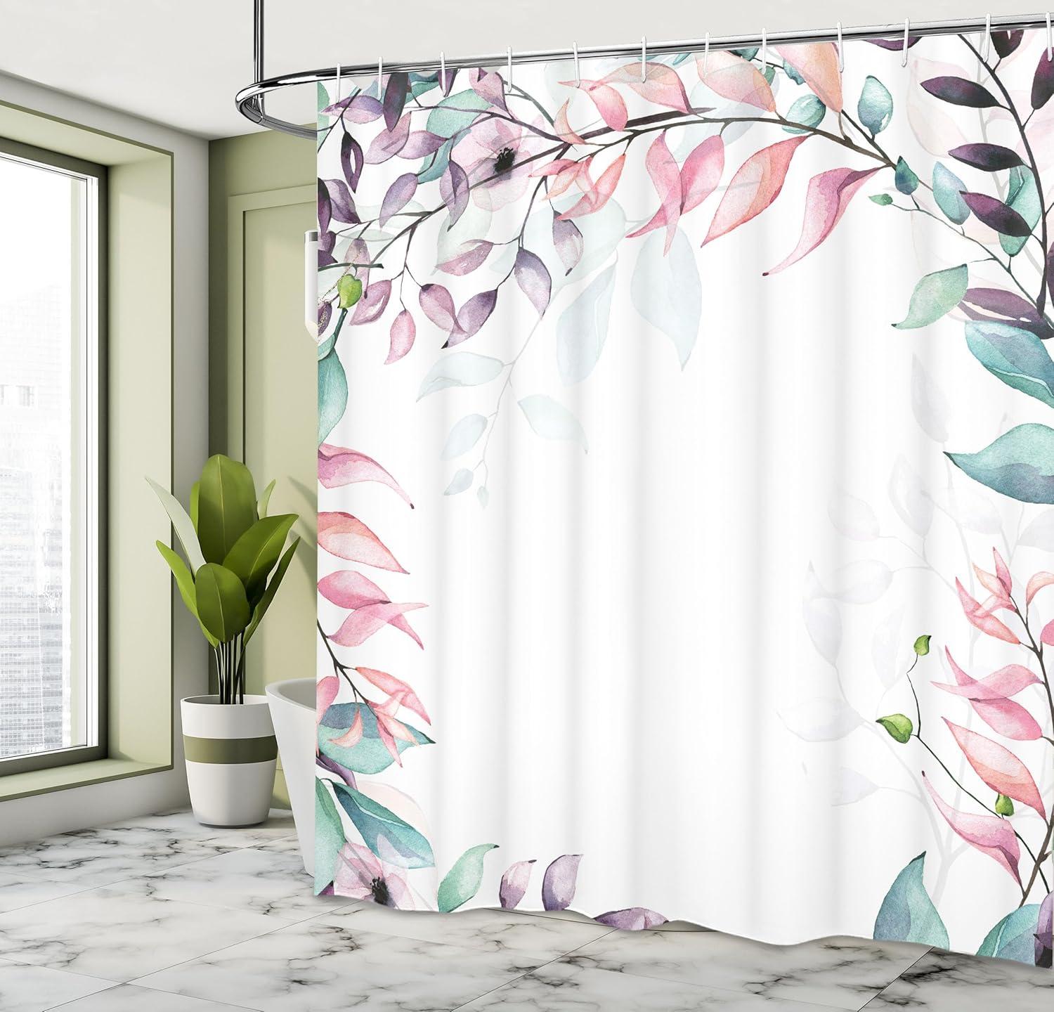 imageAmbesonne Eucalyptus Shower Curtain Soft Colors with Watercolor Leaf Print Botanical Dreamy Forest Cloth Fabric Bathroom Decor Set with Hooks 69quot W x 70quot L Plum Pale Pink and Seafoam