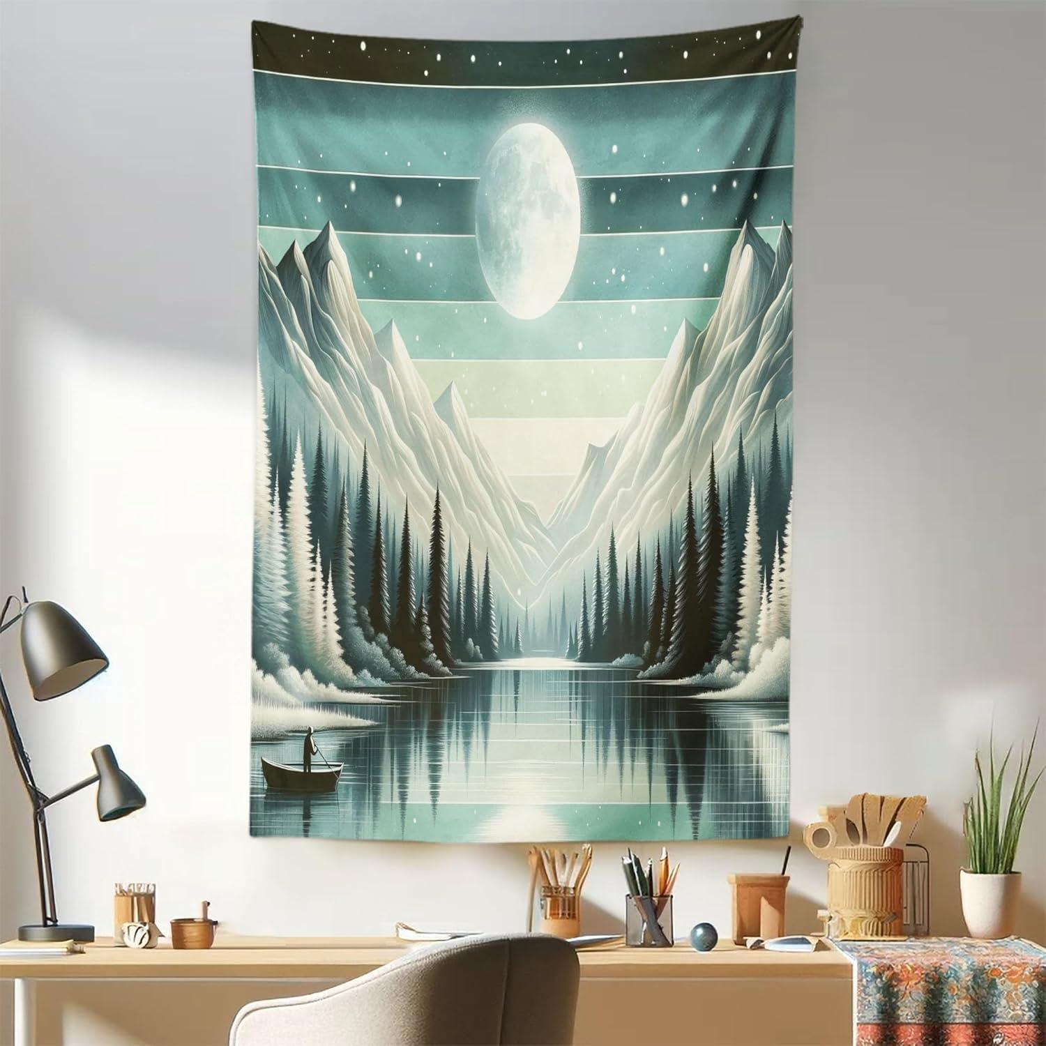 imageAmbesonne Hippie Tapestry Modern Scandi Crescent with Boho Floral and Leaves Greenery Black Cat Fabric Wall Hanging Decor for Bedroom Living Room Dorm 30quot X 45quot Grey Yellow Charcoal GreySeafoam Laurel Green
