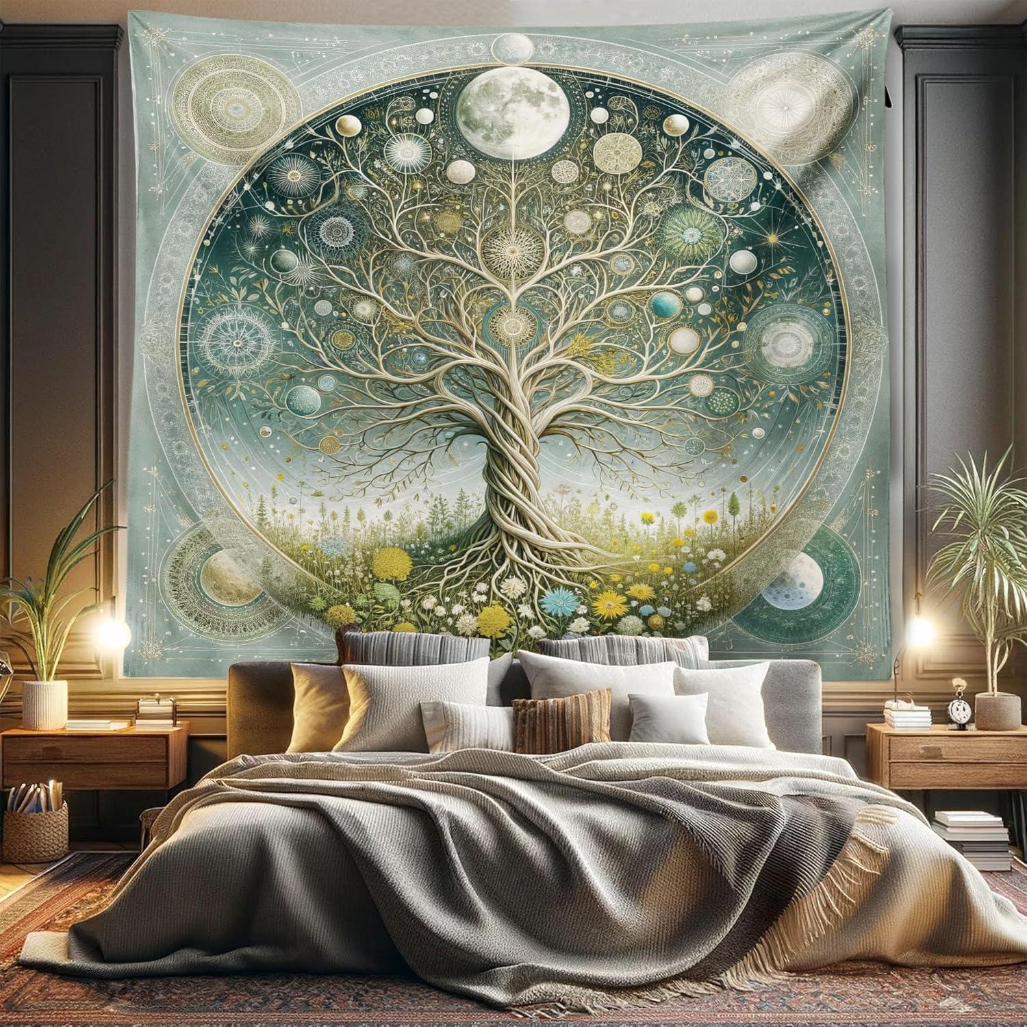 imageAmbesonne Hippie Tapestry Modern Scandi Crescent with Boho Floral and Leaves Greenery Black Cat Fabric Wall Hanging Decor for Bedroom Living Room Dorm 30quot X 45quot Grey Yellow Charcoal GreyTeal Pale Sage Green