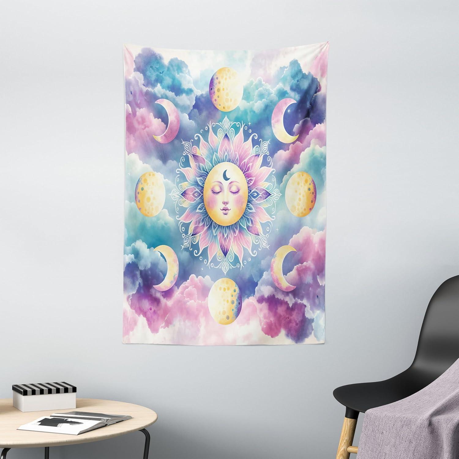 imageAmbesonne Hippie Tapestry Modern Scandi Crescent with Boho Floral and Leaves Greenery Black Cat Fabric Wall Hanging Decor for Bedroom Living Room Dorm 30quot X 45quot Grey Yellow Charcoal GreyPale Purple Blue and Cream