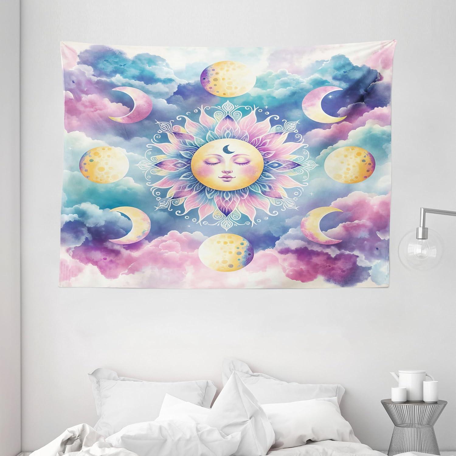 imageAmbesonne Hippie Tapestry Modern Scandi Crescent with Boho Floral and Leaves Greenery Black Cat Fabric Wall Hanging Decor for Bedroom Living Room Dorm 30quot X 45quot Grey Yellow Charcoal GreyPale Purple Blue and Cream