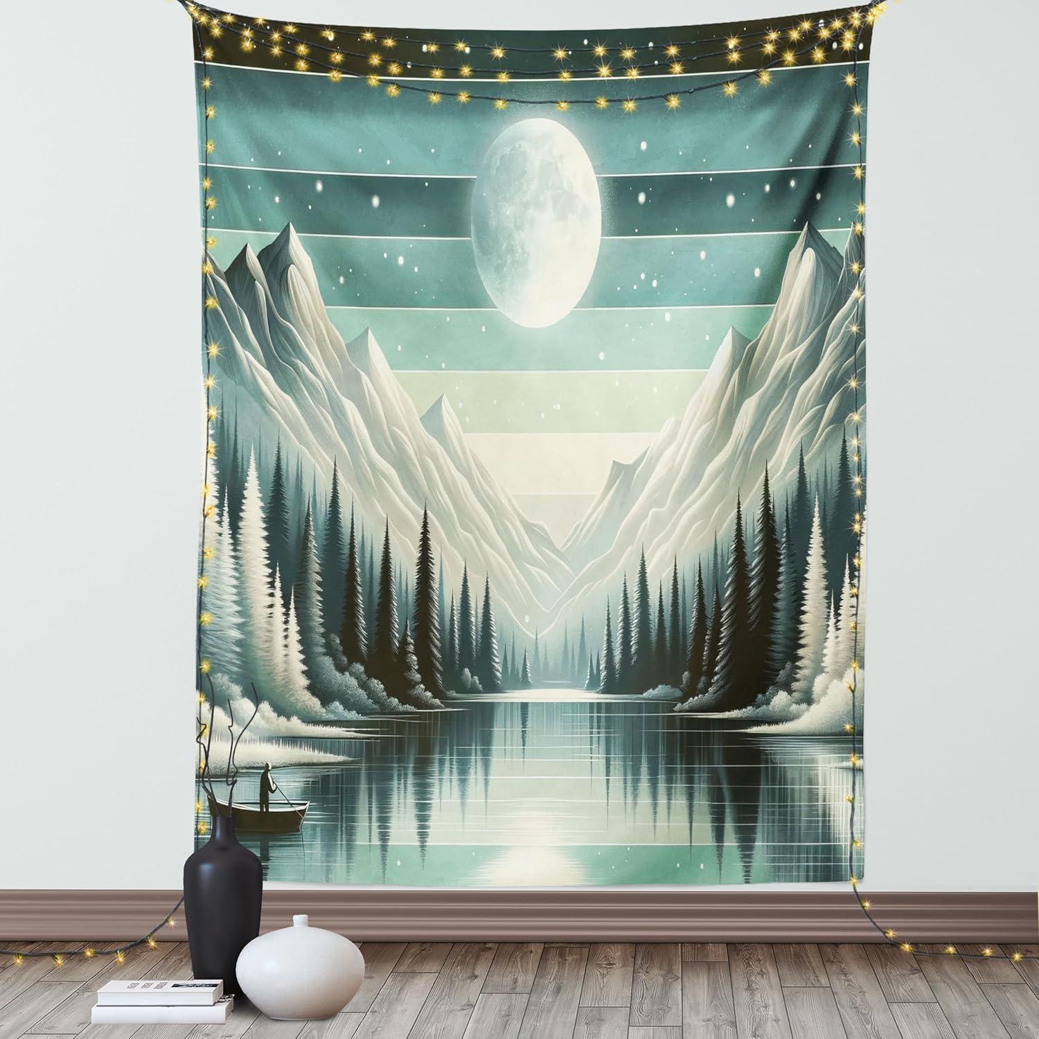 imageAmbesonne Hippie Tapestry Modern Scandi Crescent with Boho Floral and Leaves Greenery Black Cat Fabric Wall Hanging Decor for Bedroom Living Room Dorm 30quot X 45quot Grey Yellow Charcoal GreySeafoam Laurel Green