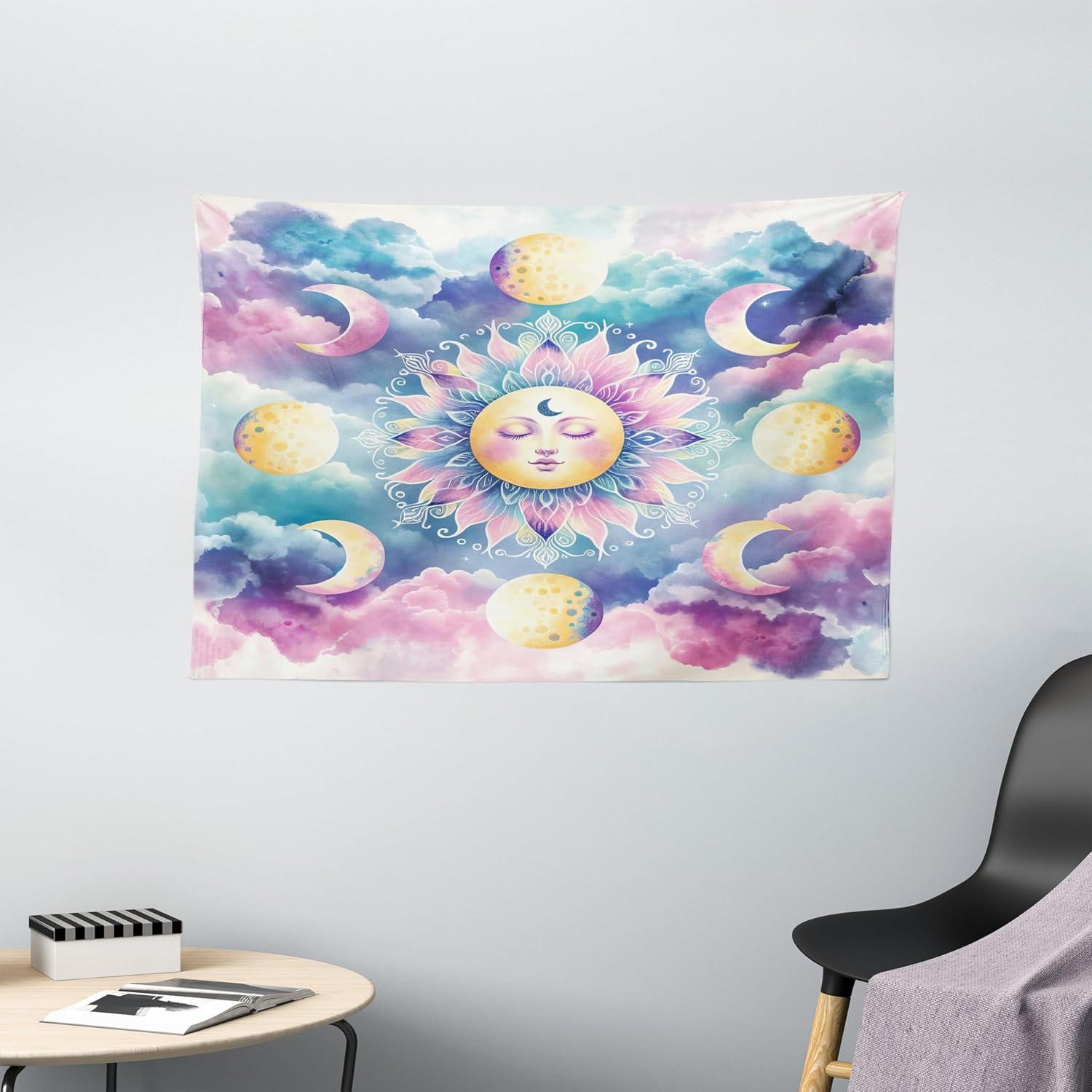 imageAmbesonne Hippie Tapestry Modern Scandi Crescent with Boho Floral and Leaves Greenery Black Cat Fabric Wall Hanging Decor for Bedroom Living Room Dorm 30quot X 45quot Grey Yellow Charcoal GreyPale Purple Blue and Cream
