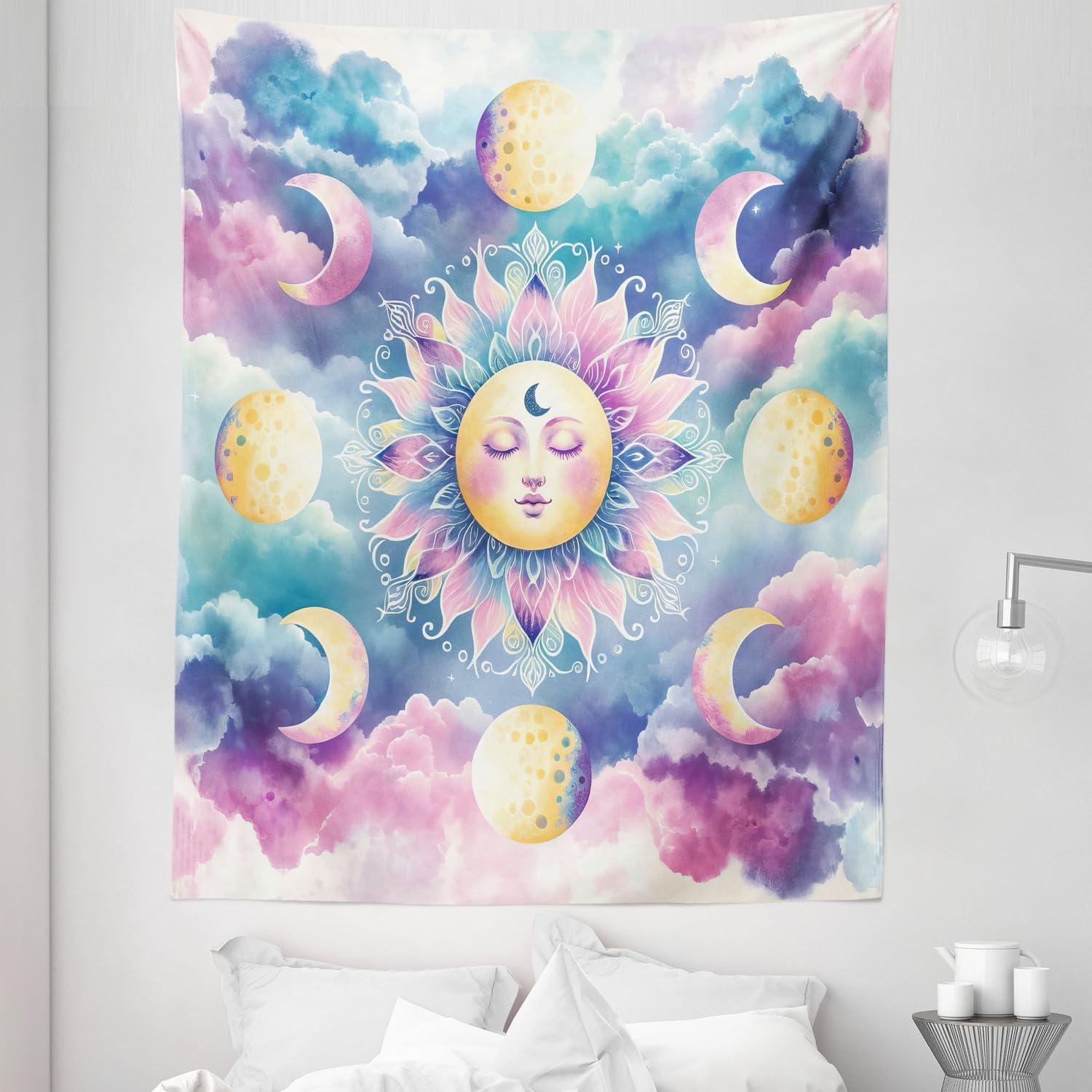 imageAmbesonne Hippie Tapestry Modern Scandi Crescent with Boho Floral and Leaves Greenery Black Cat Fabric Wall Hanging Decor for Bedroom Living Room Dorm 30quot X 45quot Grey Yellow Charcoal GreyPale Purple Blue and Cream