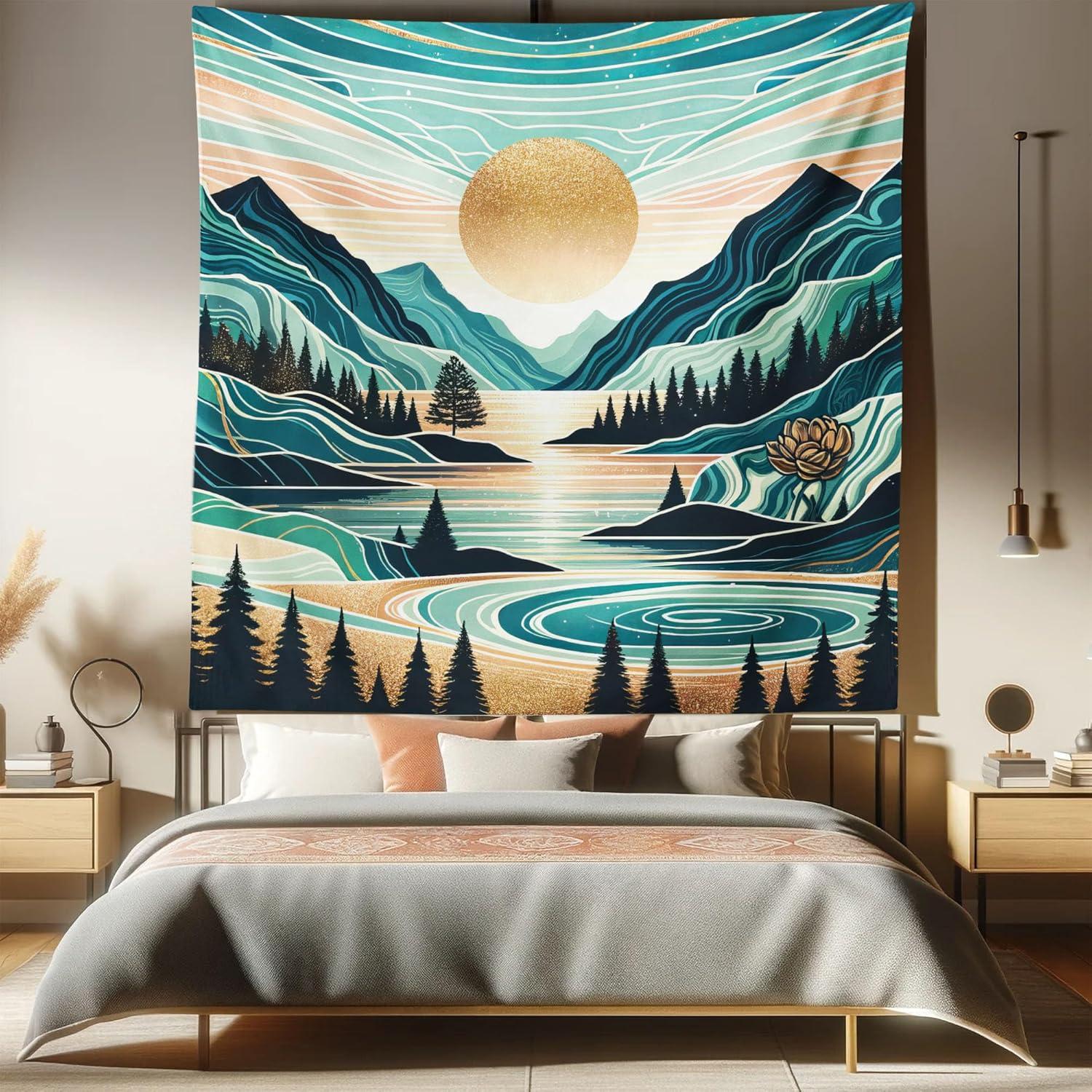 imageAmbesonne Hippie Tapestry Modern Scandi Crescent with Boho Floral and Leaves Greenery Black Cat Fabric Wall Hanging Decor for Bedroom Living Room Dorm 30quot X 45quot Grey Yellow Charcoal GreyTeal Cadet Blue Almond