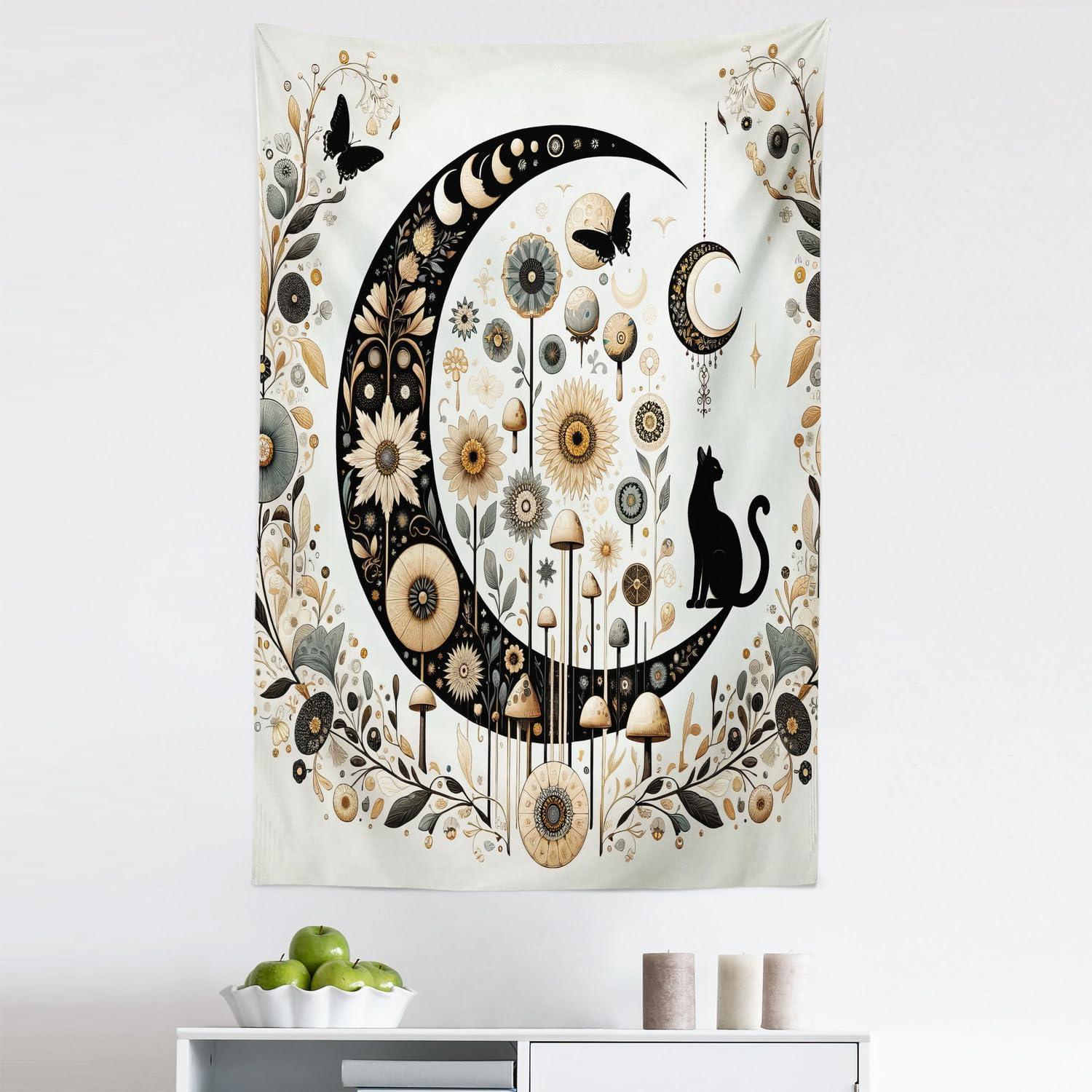 imageAmbesonne Hippie Tapestry Modern Scandi Crescent with Boho Floral and Leaves Greenery Black Cat Fabric Wall Hanging Decor for Bedroom Living Room Dorm 30quot X 45quot Grey Yellow Charcoal GreyGrey Yellow Charcoal Grey