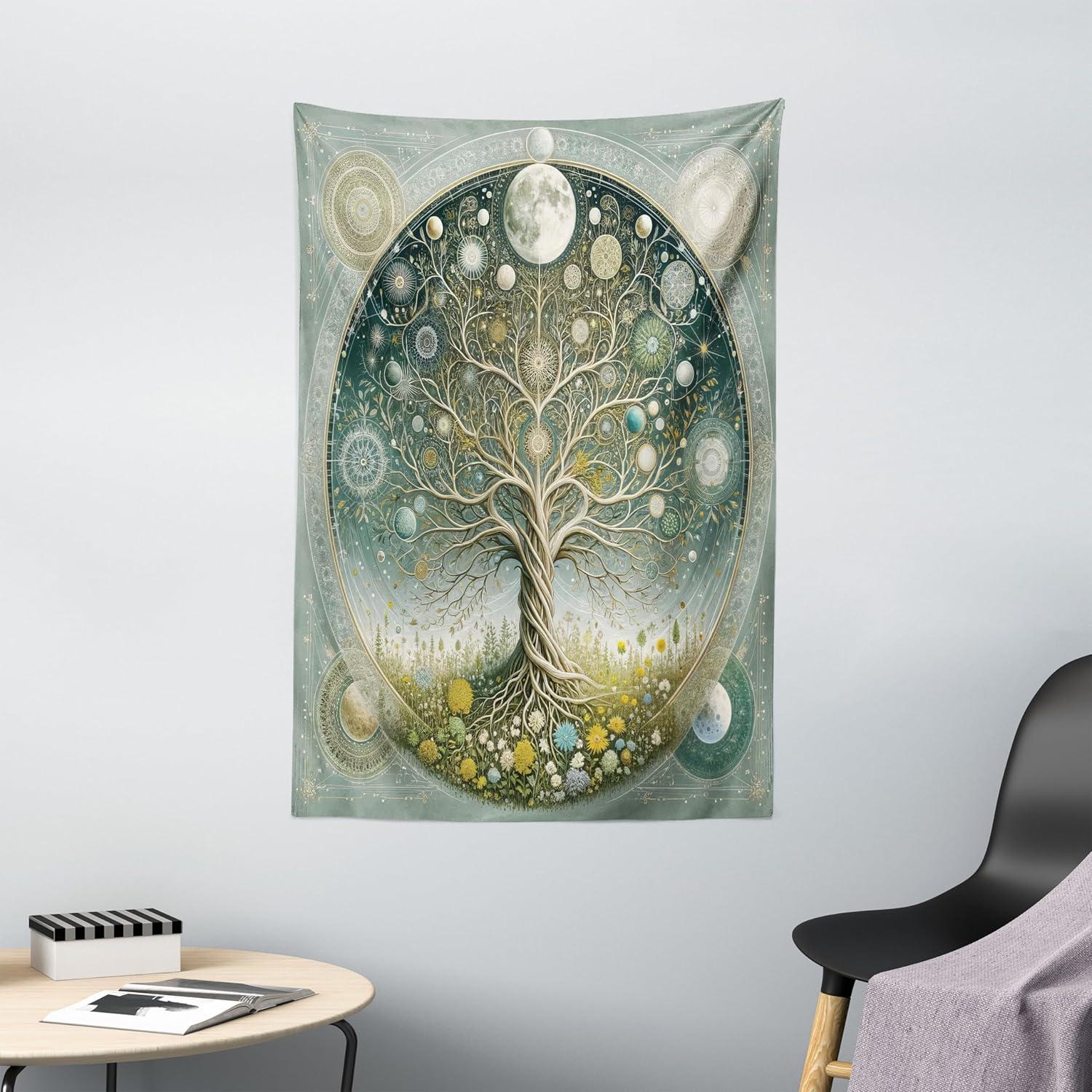 imageAmbesonne Hippie Tapestry Modern Scandi Crescent with Boho Floral and Leaves Greenery Black Cat Fabric Wall Hanging Decor for Bedroom Living Room Dorm 30quot X 45quot Grey Yellow Charcoal GreyTeal Pale Sage Green