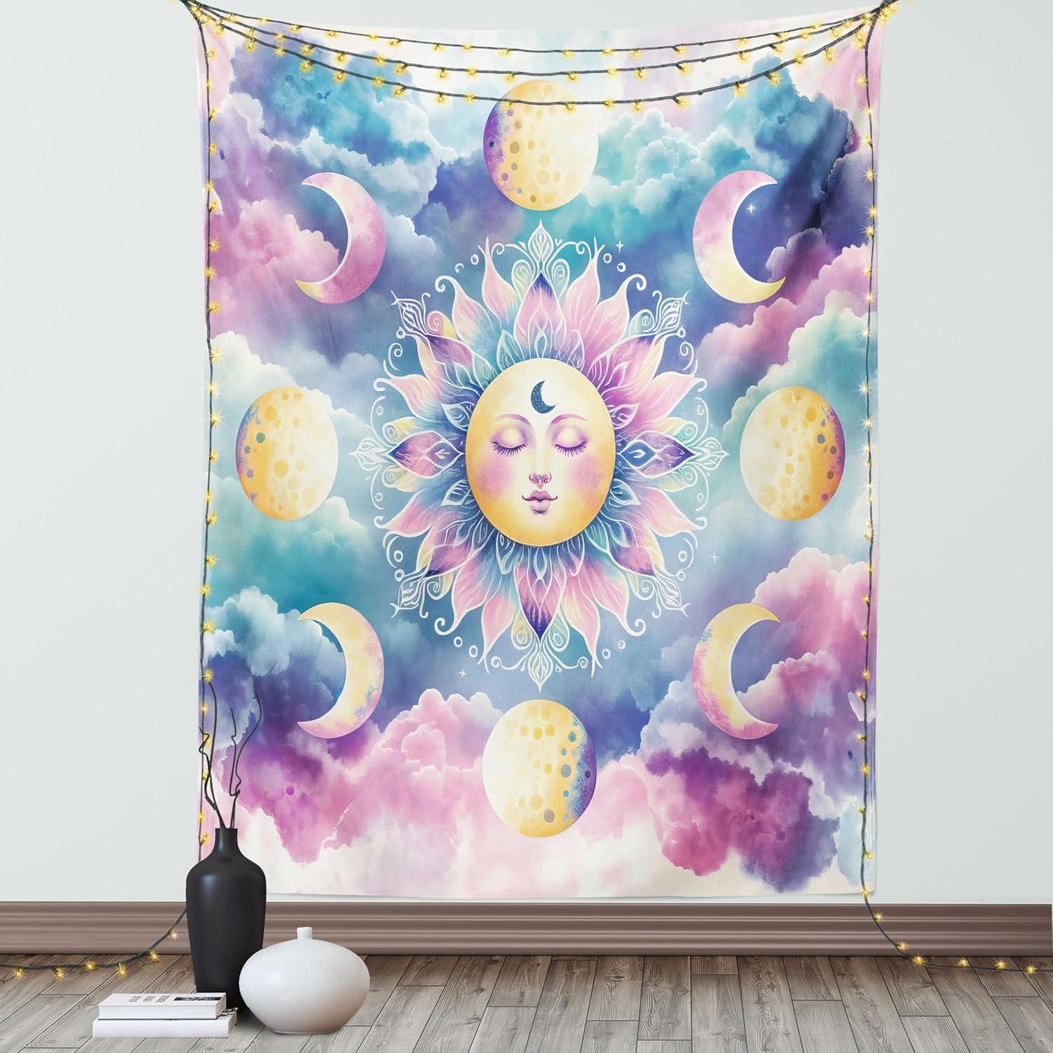 imageAmbesonne Hippie Tapestry Modern Scandi Crescent with Boho Floral and Leaves Greenery Black Cat Fabric Wall Hanging Decor for Bedroom Living Room Dorm 30quot X 45quot Grey Yellow Charcoal GreyPale Purple Blue and Cream