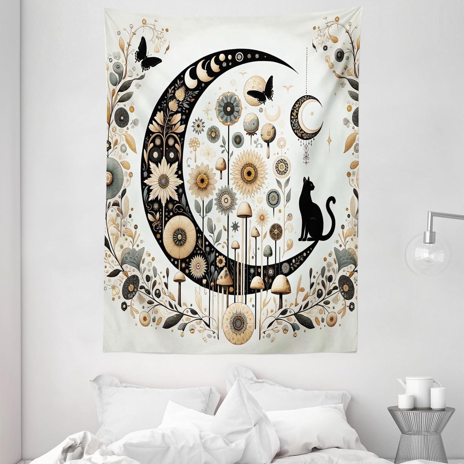 imageAmbesonne Hippie Tapestry Modern Scandi Crescent with Boho Floral and Leaves Greenery Black Cat Fabric Wall Hanging Decor for Bedroom Living Room Dorm 30quot X 45quot Grey Yellow Charcoal GreyGrey Yellow Charcoal Grey