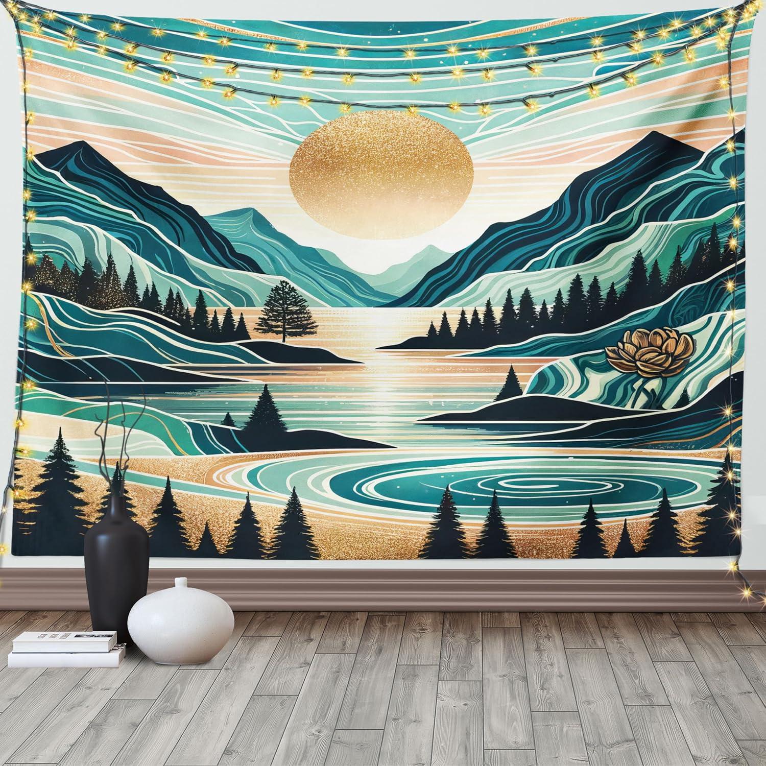 imageAmbesonne Hippie Tapestry Modern Scandi Crescent with Boho Floral and Leaves Greenery Black Cat Fabric Wall Hanging Decor for Bedroom Living Room Dorm 30quot X 45quot Grey Yellow Charcoal GreyTeal Cadet Blue Almond