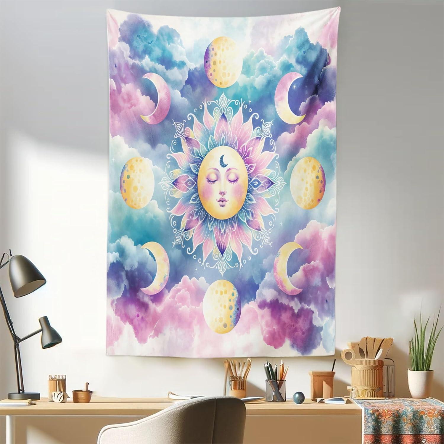 imageAmbesonne Hippie Tapestry Modern Scandi Crescent with Boho Floral and Leaves Greenery Black Cat Fabric Wall Hanging Decor for Bedroom Living Room Dorm 30quot X 45quot Grey Yellow Charcoal GreyPale Purple Blue and Cream