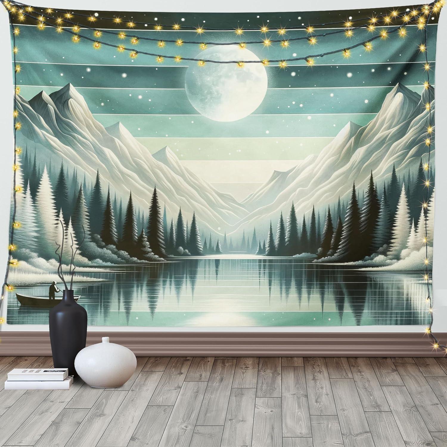 imageAmbesonne Hippie Tapestry Modern Scandi Crescent with Boho Floral and Leaves Greenery Black Cat Fabric Wall Hanging Decor for Bedroom Living Room Dorm 30quot X 45quot Grey Yellow Charcoal GreySeafoam Laurel Green