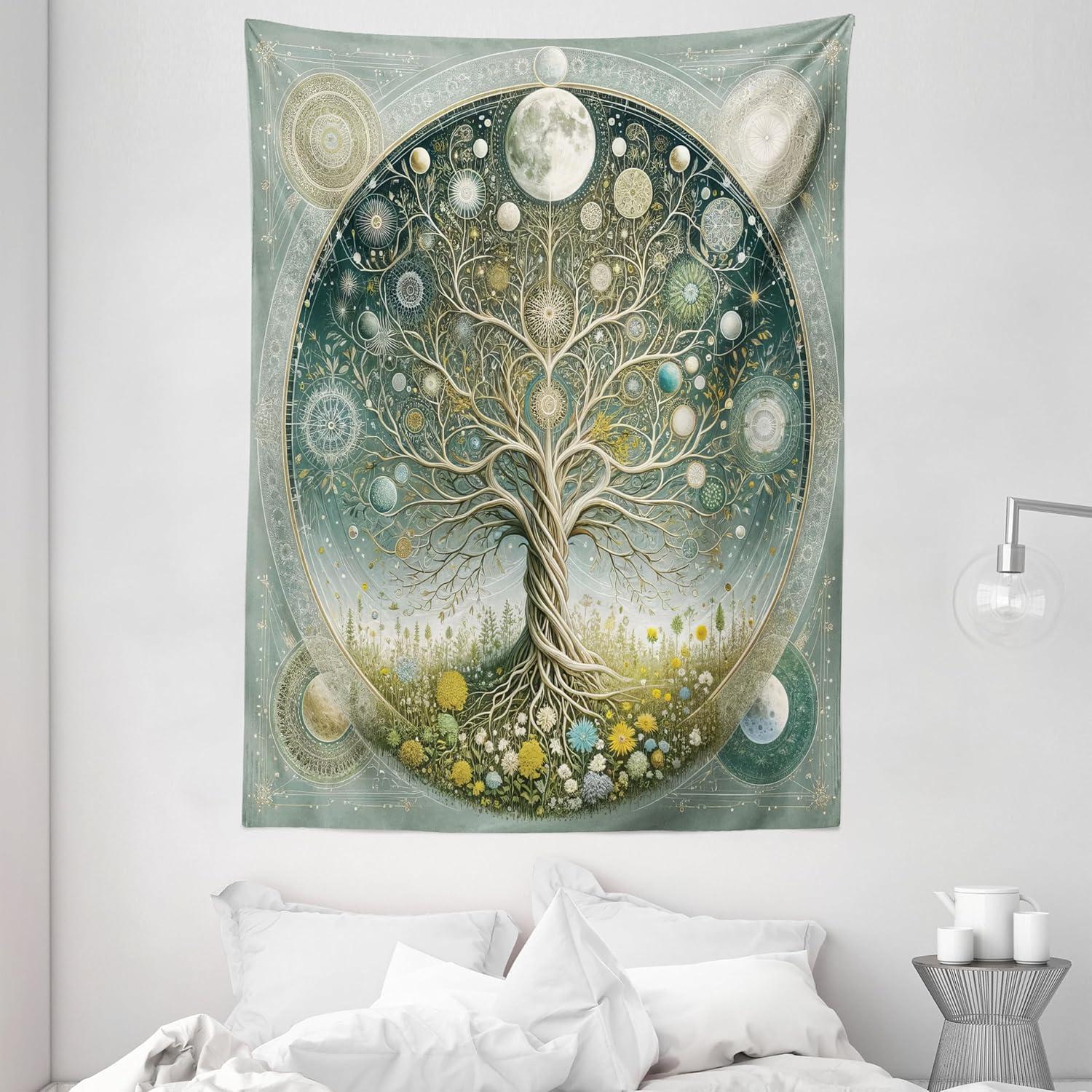 imageAmbesonne Hippie Tapestry Modern Scandi Crescent with Boho Floral and Leaves Greenery Black Cat Fabric Wall Hanging Decor for Bedroom Living Room Dorm 30quot X 45quot Grey Yellow Charcoal GreyTeal Pale Sage Green