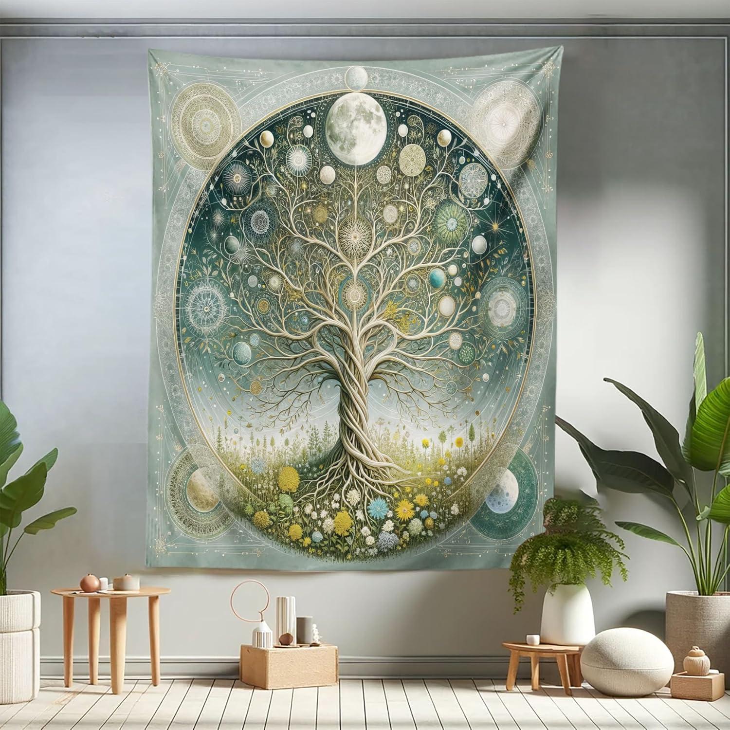 imageAmbesonne Hippie Tapestry Modern Scandi Crescent with Boho Floral and Leaves Greenery Black Cat Fabric Wall Hanging Decor for Bedroom Living Room Dorm 30quot X 45quot Grey Yellow Charcoal GreyTeal Pale Sage Green