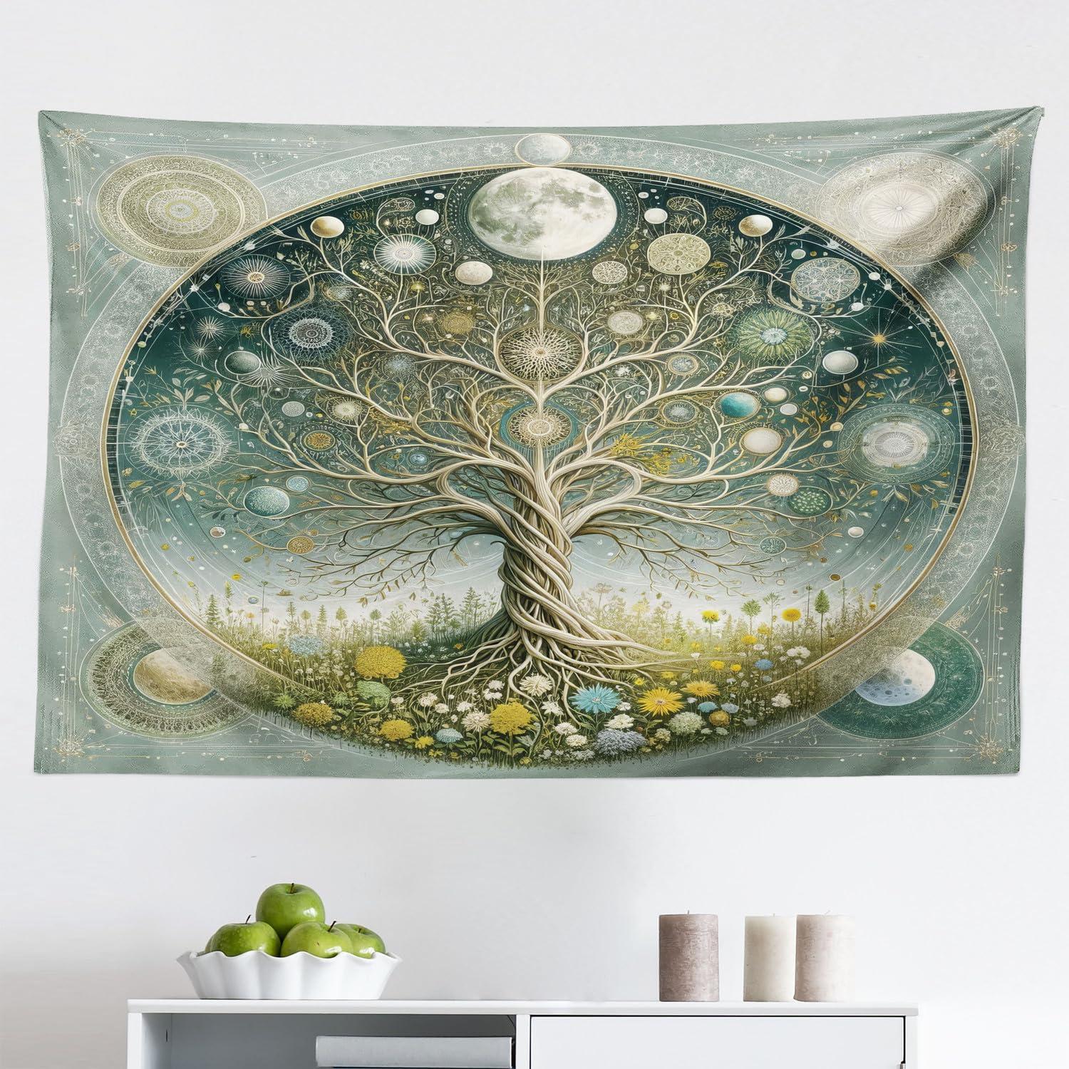 imageAmbesonne Hippie Tapestry Modern Scandi Crescent with Boho Floral and Leaves Greenery Black Cat Fabric Wall Hanging Decor for Bedroom Living Room Dorm 30quot X 45quot Grey Yellow Charcoal GreyTeal Pale Sage Green