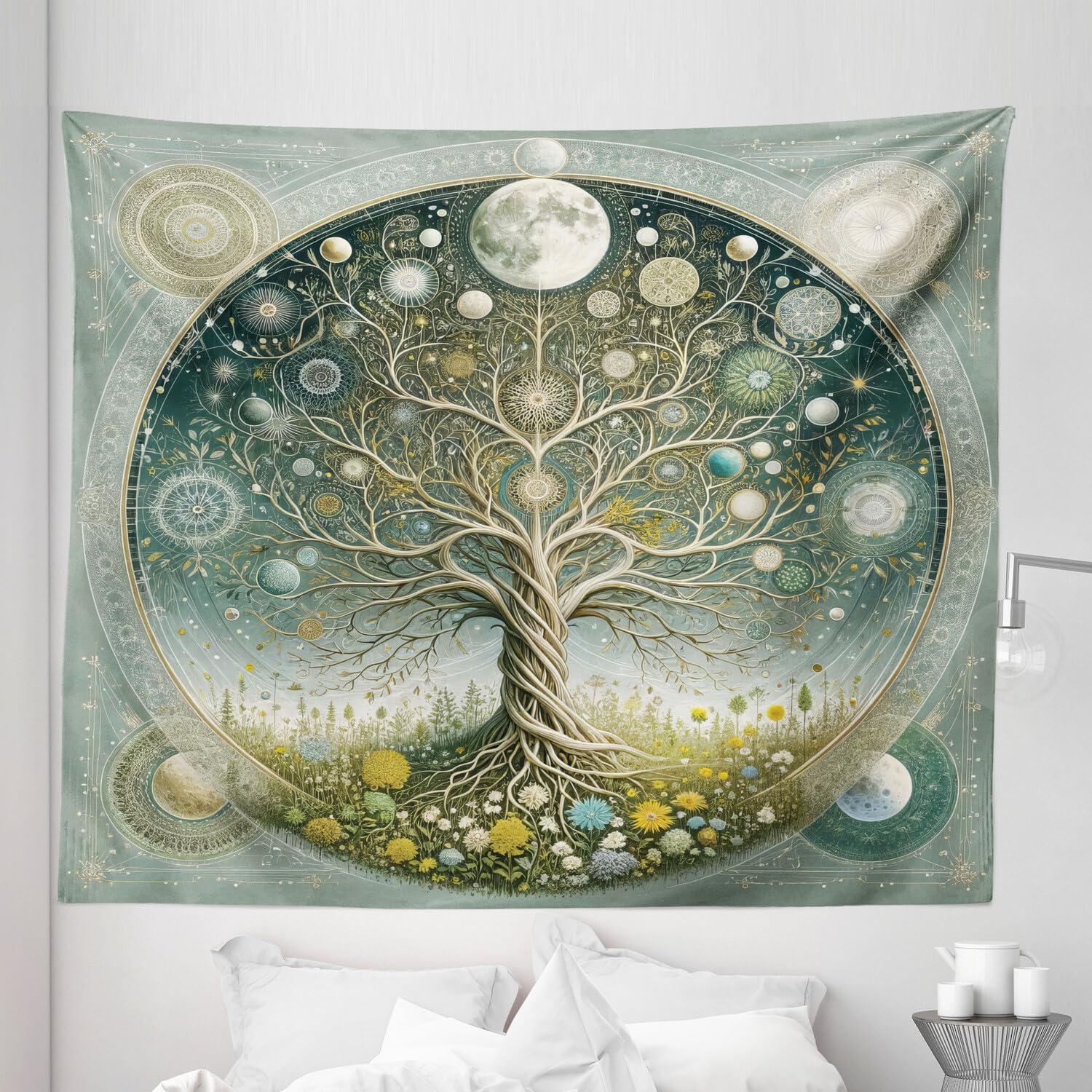 imageAmbesonne Hippie Tapestry Modern Scandi Crescent with Boho Floral and Leaves Greenery Black Cat Fabric Wall Hanging Decor for Bedroom Living Room Dorm 30quot X 45quot Grey Yellow Charcoal GreyTeal Pale Sage Green