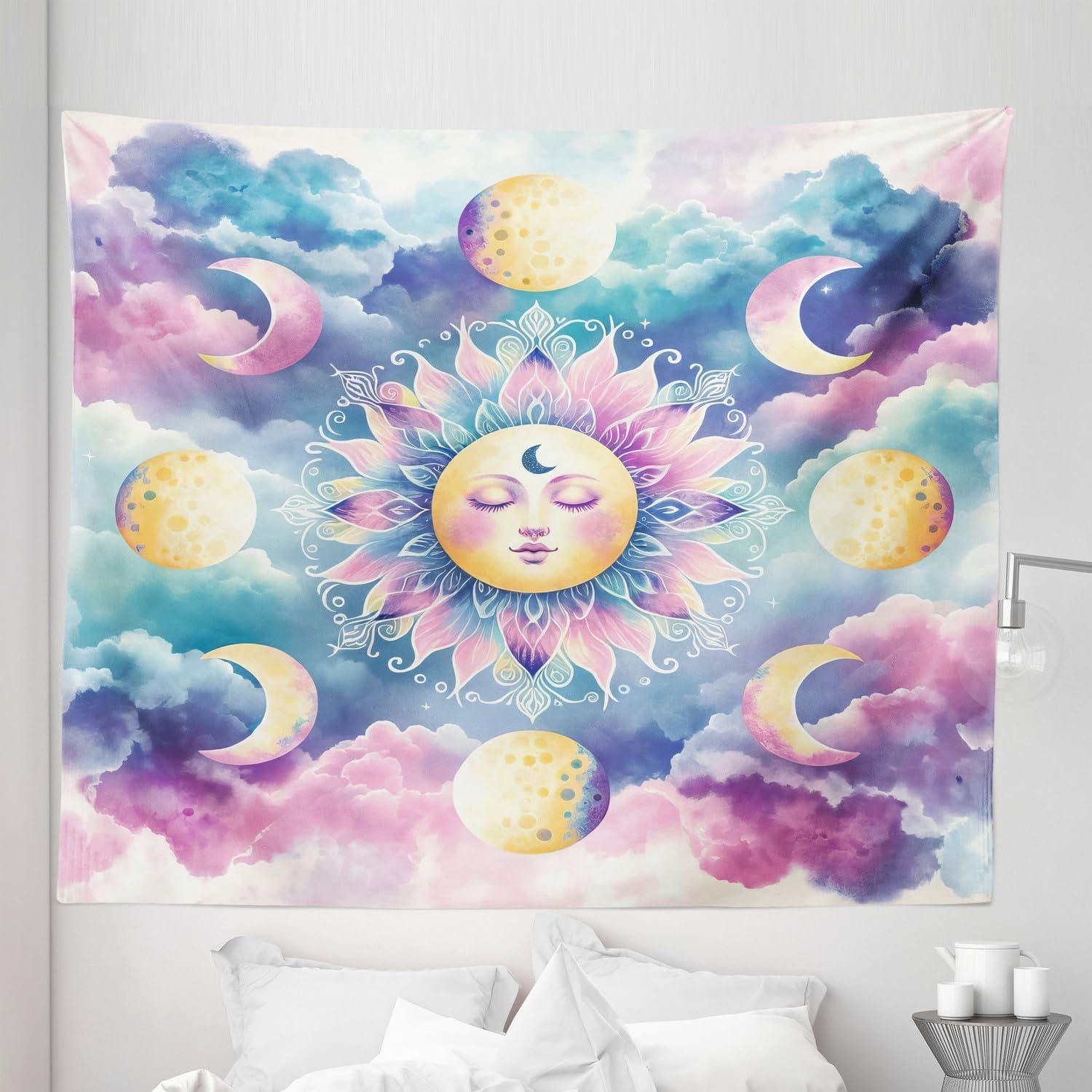 imageAmbesonne Hippie Tapestry Modern Scandi Crescent with Boho Floral and Leaves Greenery Black Cat Fabric Wall Hanging Decor for Bedroom Living Room Dorm 30quot X 45quot Grey Yellow Charcoal GreyPale Purple Blue and Cream