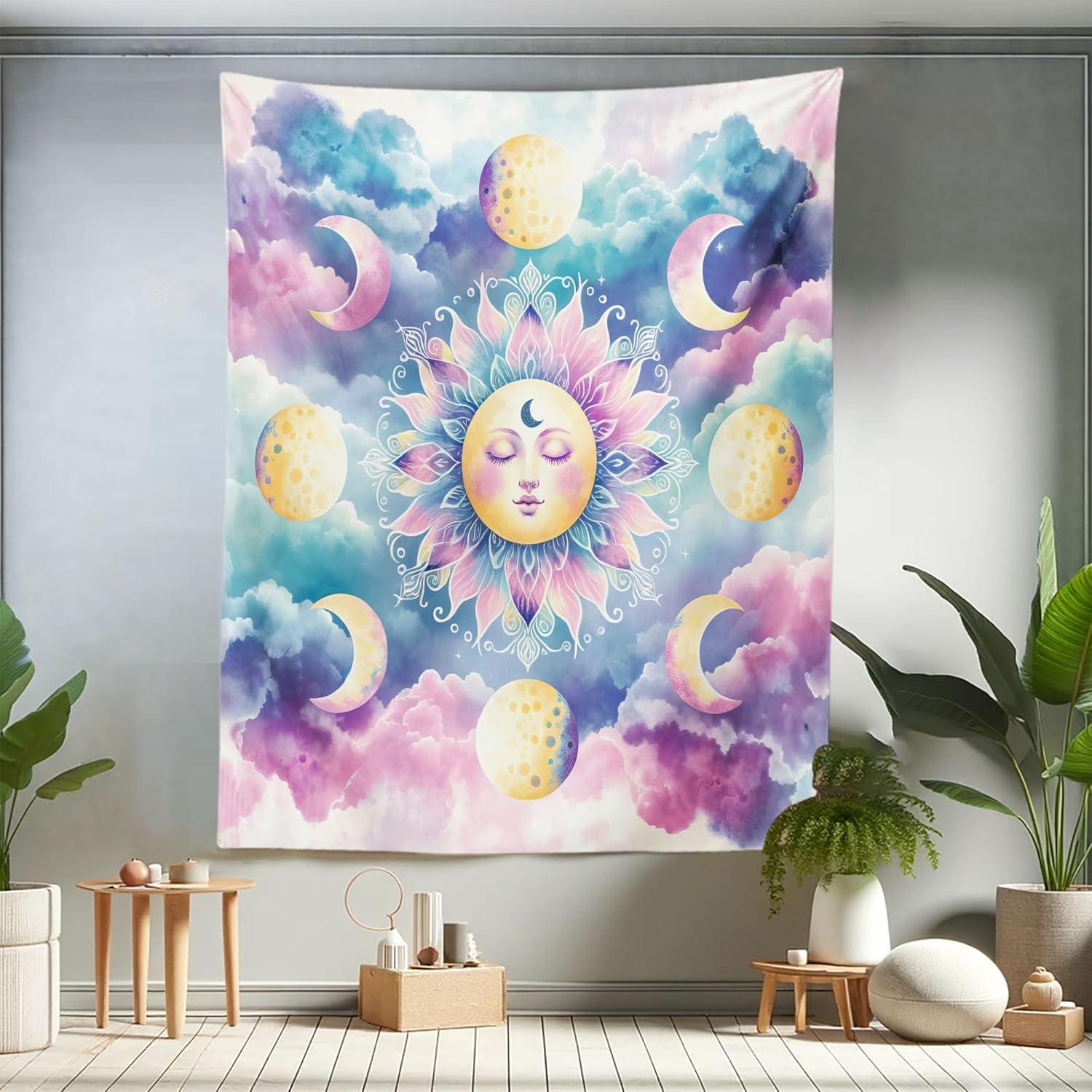 imageAmbesonne Hippie Tapestry Modern Scandi Crescent with Boho Floral and Leaves Greenery Black Cat Fabric Wall Hanging Decor for Bedroom Living Room Dorm 30quot X 45quot Grey Yellow Charcoal GreyPale Purple Blue and Cream