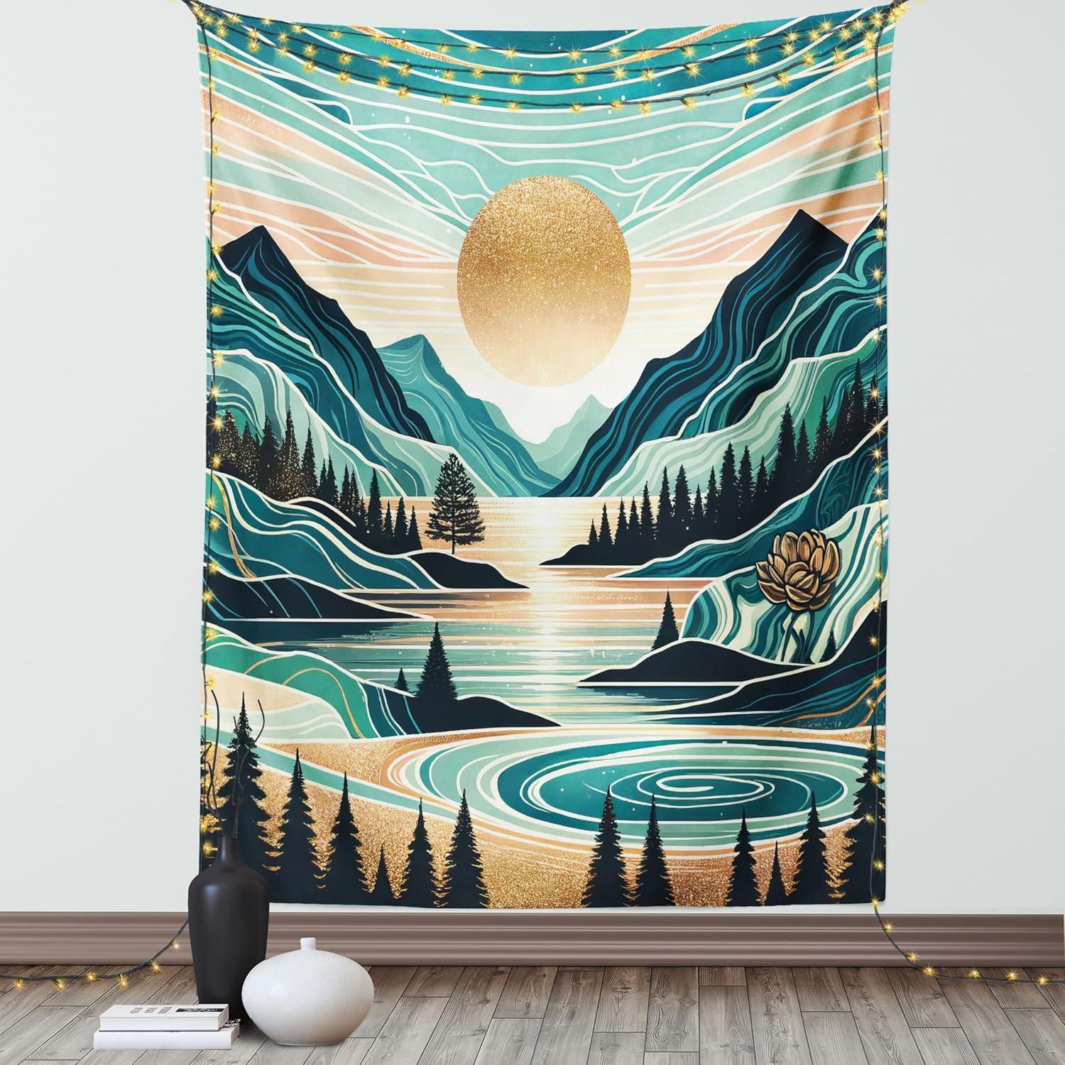 imageAmbesonne Hippie Tapestry Modern Scandi Crescent with Boho Floral and Leaves Greenery Black Cat Fabric Wall Hanging Decor for Bedroom Living Room Dorm 30quot X 45quot Grey Yellow Charcoal GreyTeal Cadet Blue Almond