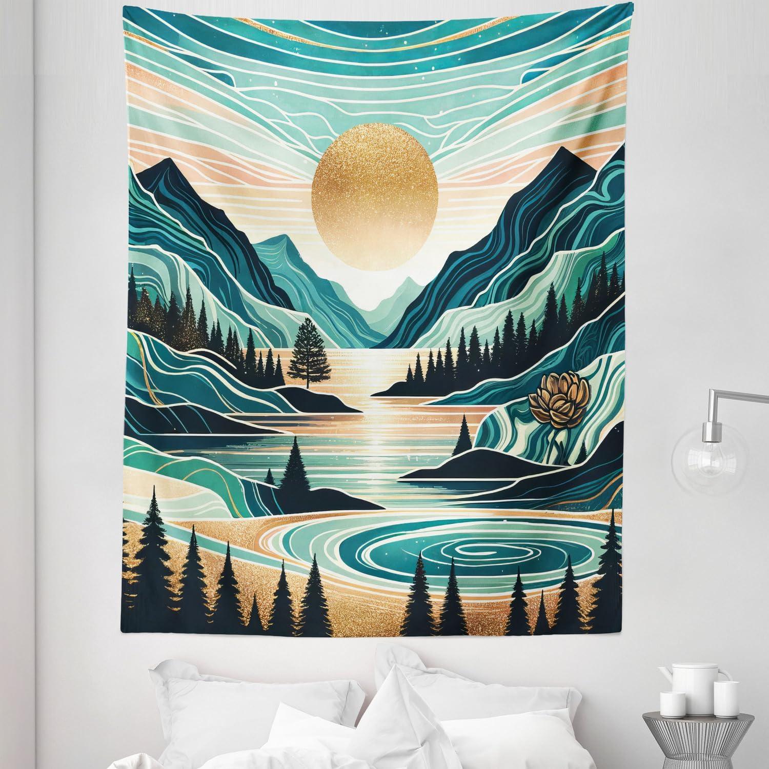 imageAmbesonne Hippie Tapestry Modern Scandi Crescent with Boho Floral and Leaves Greenery Black Cat Fabric Wall Hanging Decor for Bedroom Living Room Dorm 30quot X 45quot Grey Yellow Charcoal GreyTeal Cadet Blue Almond