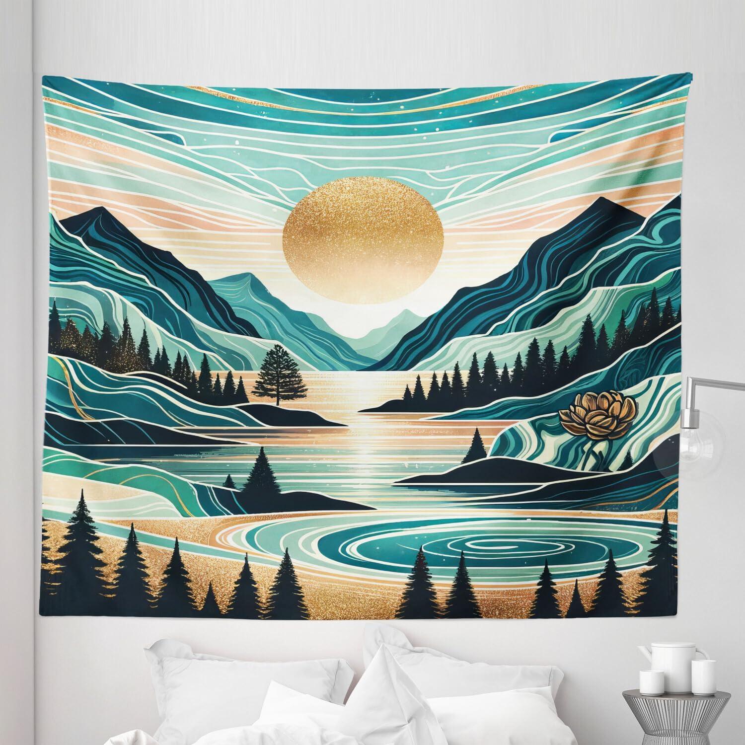 imageAmbesonne Hippie Tapestry Modern Scandi Crescent with Boho Floral and Leaves Greenery Black Cat Fabric Wall Hanging Decor for Bedroom Living Room Dorm 30quot X 45quot Grey Yellow Charcoal GreyTeal Cadet Blue Almond