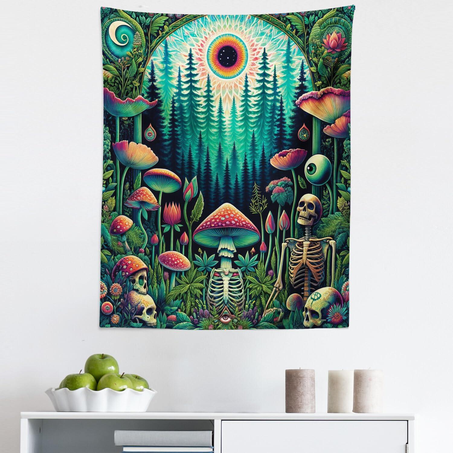 imageAmbesonne Hippie Tapestry Modern Scandi Crescent with Boho Floral and Leaves Greenery Black Cat Fabric Wall Hanging Decor for Bedroom Living Room Dorm 30quot X 45quot Grey Yellow Charcoal GreyFern Green Seafoam Coral