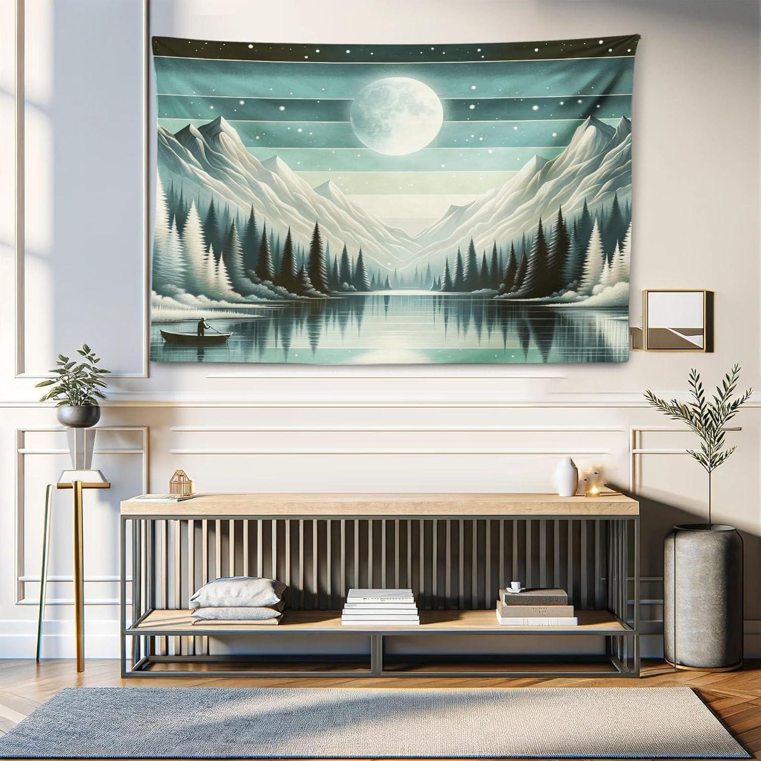 imageAmbesonne Hippie Tapestry Modern Scandi Crescent with Boho Floral and Leaves Greenery Black Cat Fabric Wall Hanging Decor for Bedroom Living Room Dorm 30quot X 45quot Grey Yellow Charcoal GreySeafoam Laurel Green