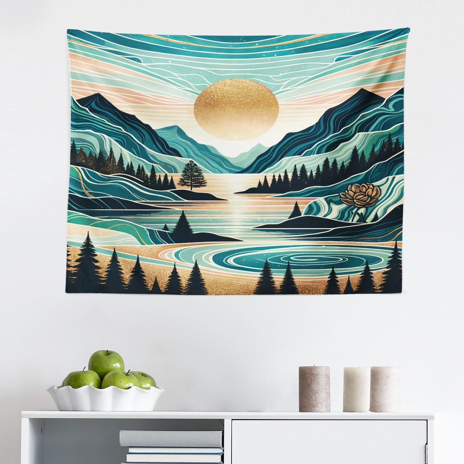imageAmbesonne Hippie Tapestry Modern Scandi Crescent with Boho Floral and Leaves Greenery Black Cat Fabric Wall Hanging Decor for Bedroom Living Room Dorm 30quot X 45quot Grey Yellow Charcoal GreyTeal Cadet Blue Almond