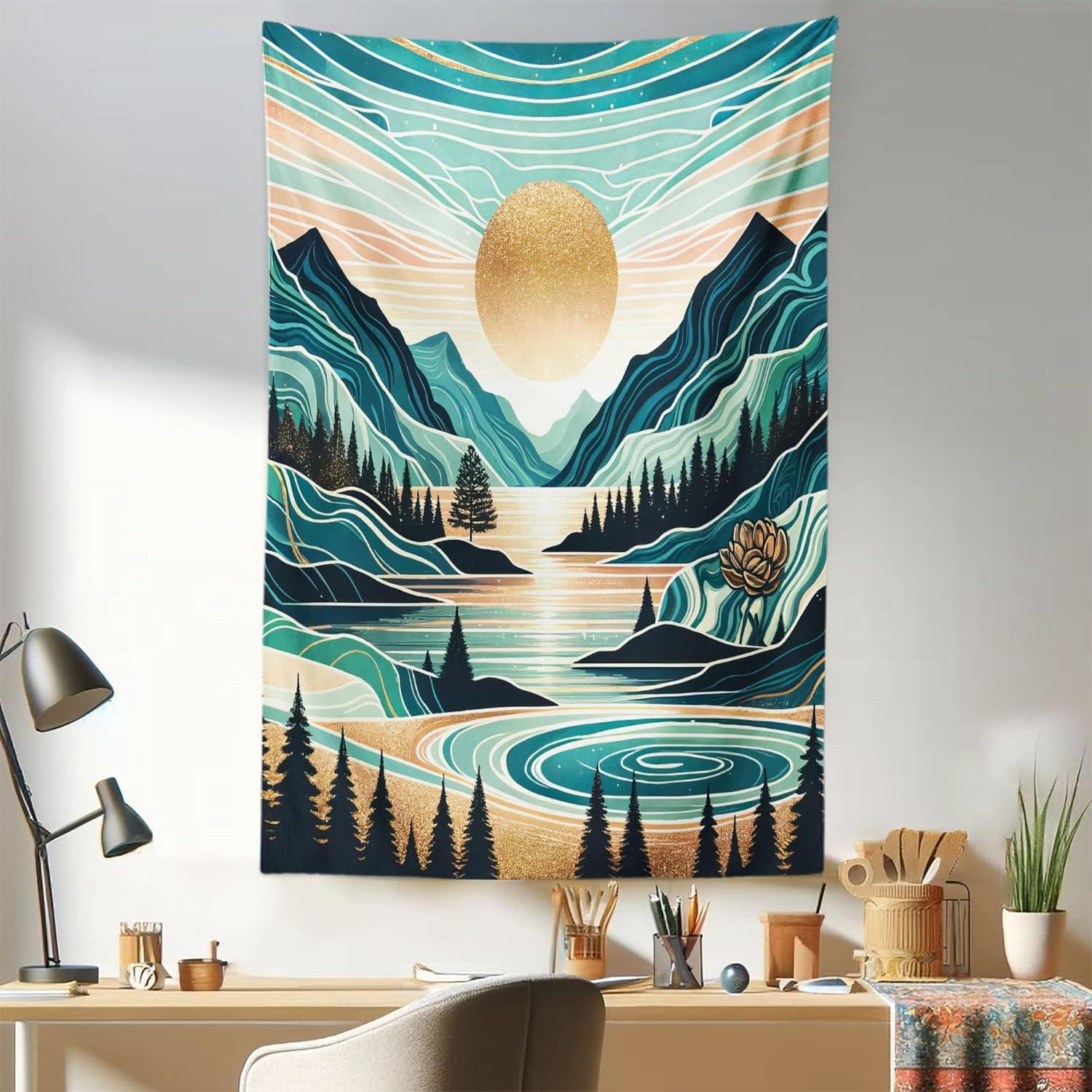 imageAmbesonne Hippie Tapestry Modern Scandi Crescent with Boho Floral and Leaves Greenery Black Cat Fabric Wall Hanging Decor for Bedroom Living Room Dorm 30quot X 45quot Grey Yellow Charcoal GreyTeal Cadet Blue Almond