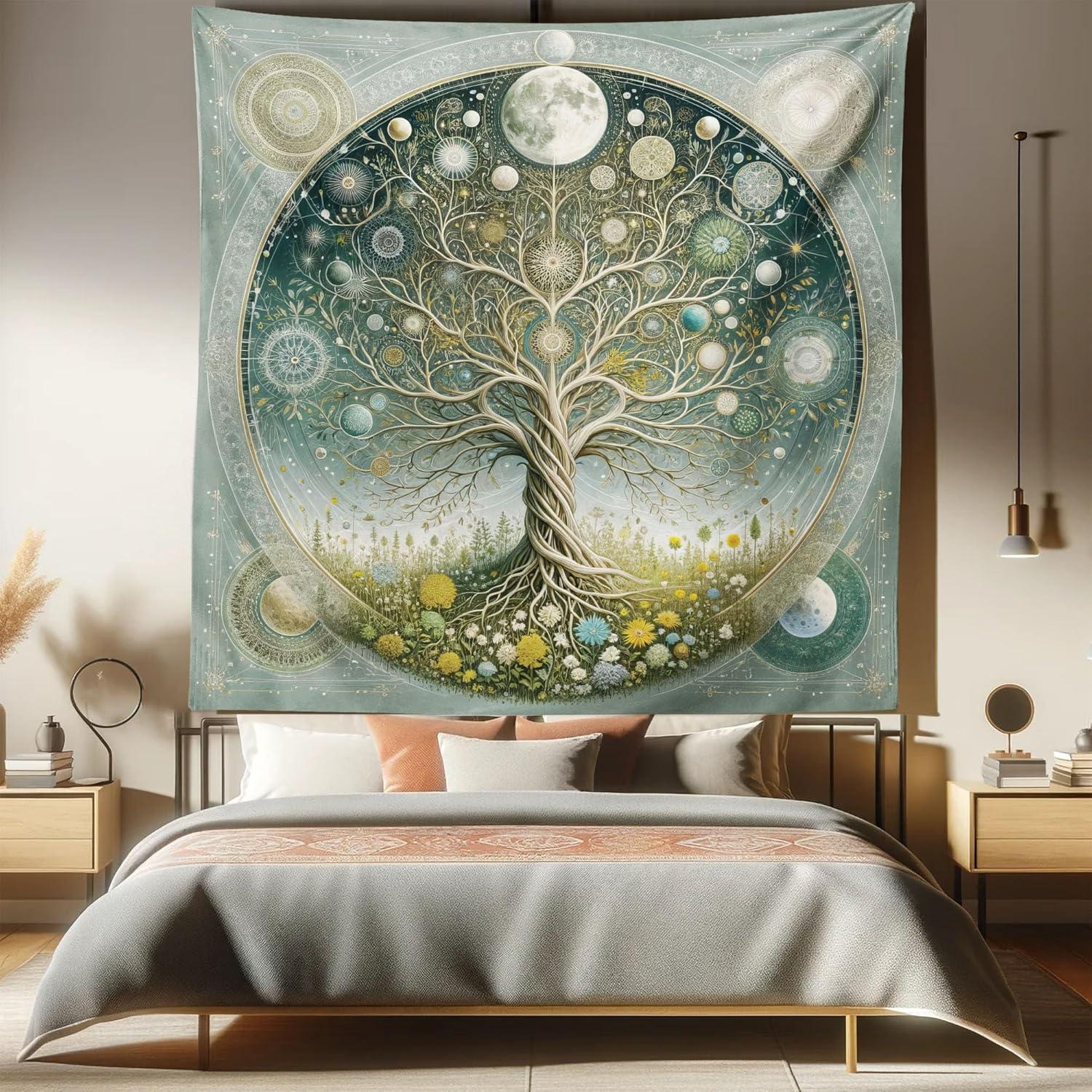 imageAmbesonne Hippie Tapestry Modern Scandi Crescent with Boho Floral and Leaves Greenery Black Cat Fabric Wall Hanging Decor for Bedroom Living Room Dorm 30quot X 45quot Grey Yellow Charcoal GreyTeal Pale Sage Green