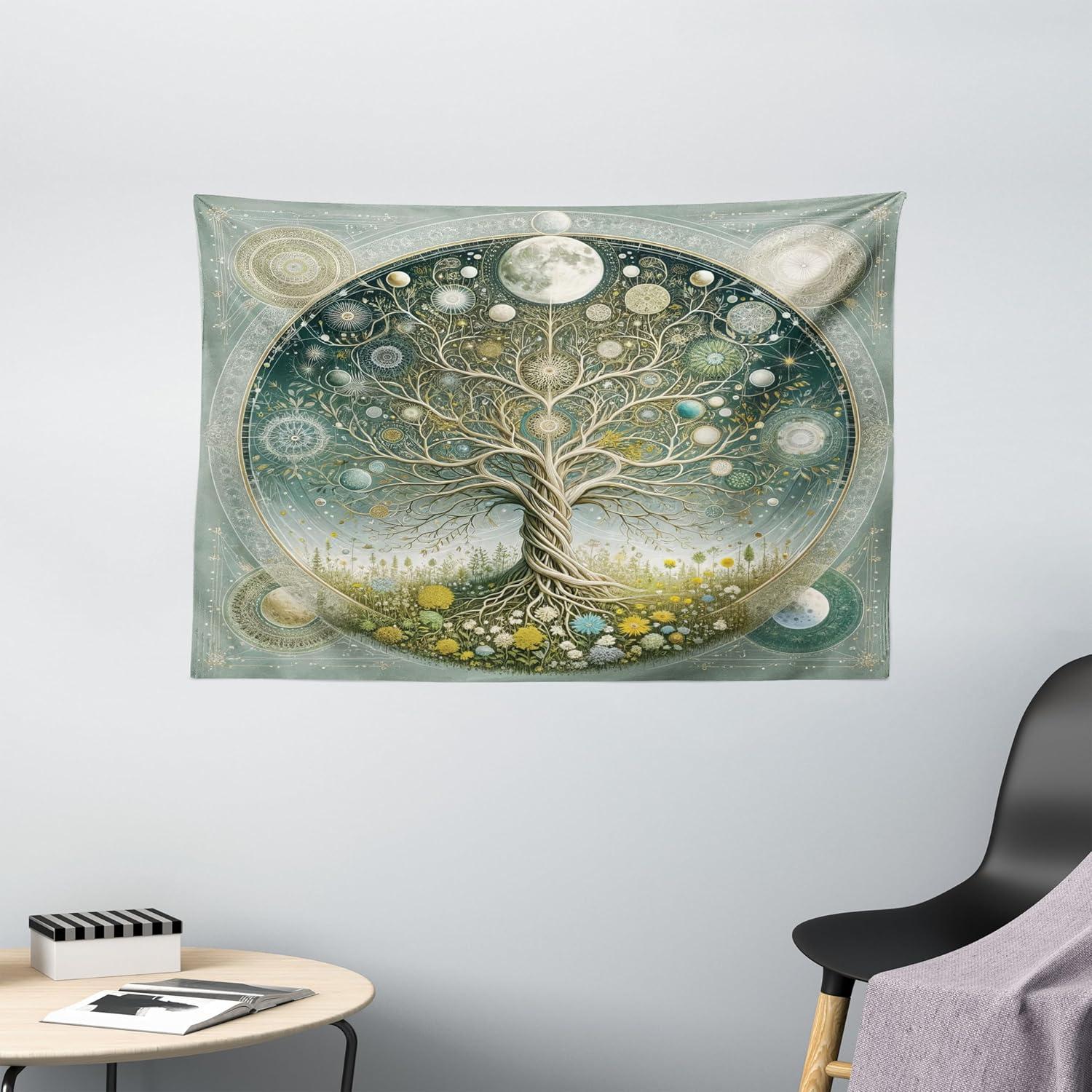 imageAmbesonne Hippie Tapestry Modern Scandi Crescent with Boho Floral and Leaves Greenery Black Cat Fabric Wall Hanging Decor for Bedroom Living Room Dorm 30quot X 45quot Grey Yellow Charcoal GreyTeal Pale Sage Green