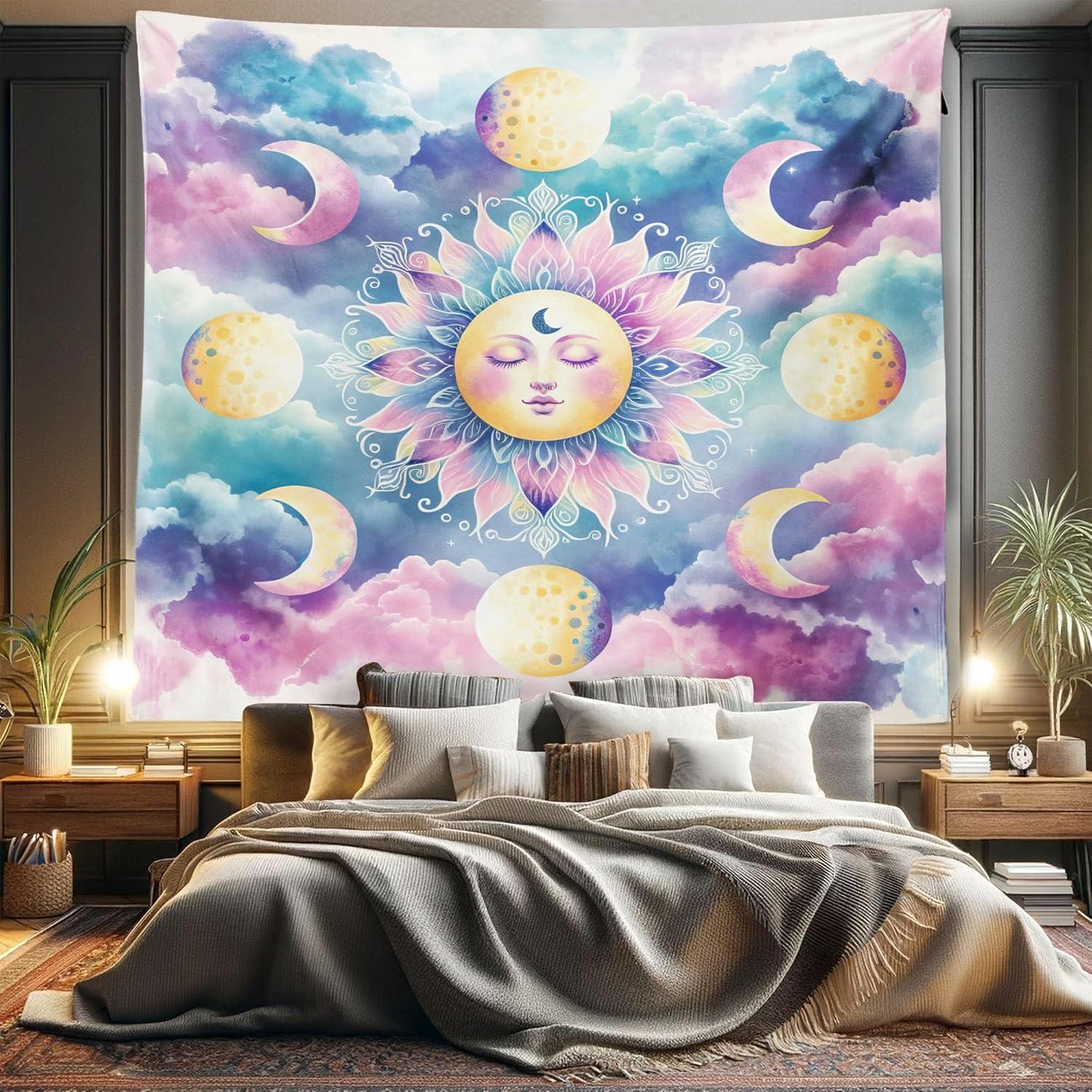 imageAmbesonne Hippie Tapestry Modern Scandi Crescent with Boho Floral and Leaves Greenery Black Cat Fabric Wall Hanging Decor for Bedroom Living Room Dorm 30quot X 45quot Grey Yellow Charcoal GreyPale Purple Blue and Cream